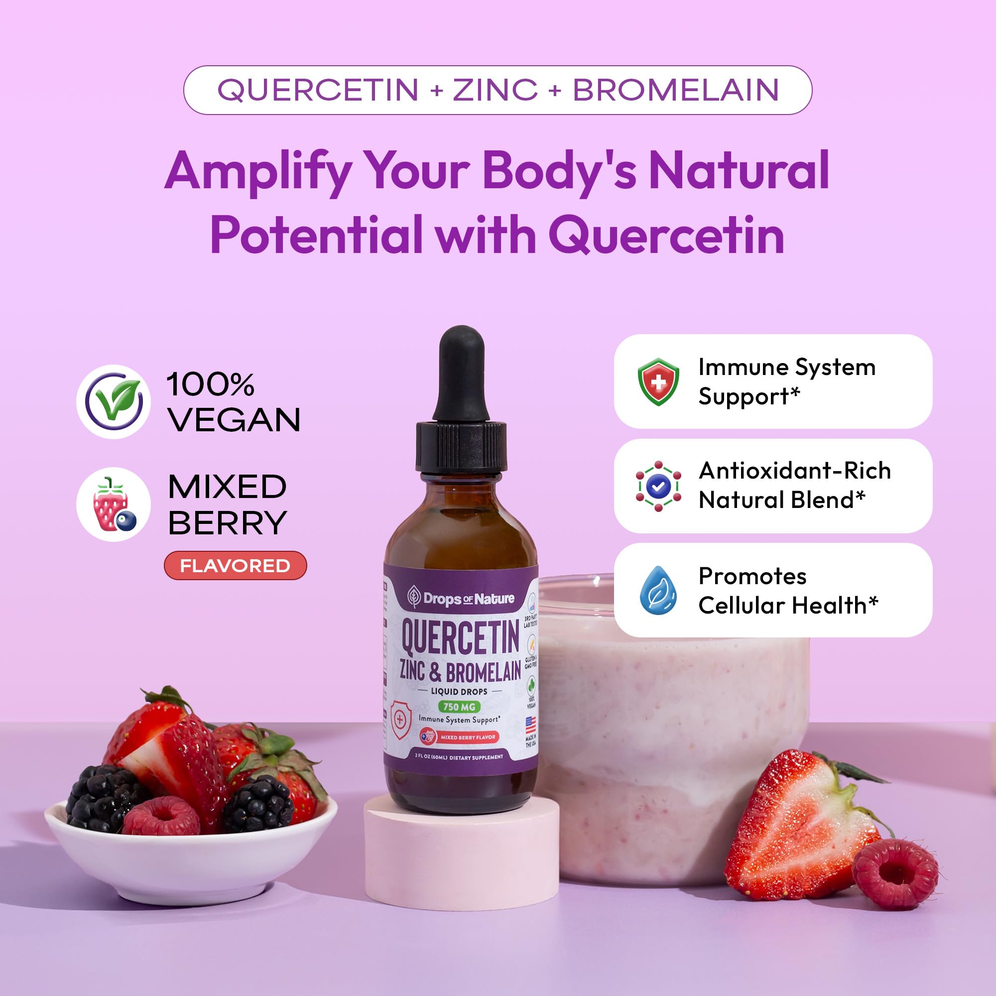 Quercetin with Bromelain & Zinc (5mg) Liquid Drops – Immune Support for Adults & Kids – Ultra-Concentrated Bioflavonoids – Immune Defense – Cellular Health – Vegan, Non-GMO, Gluten Free – 2 Fl Oz