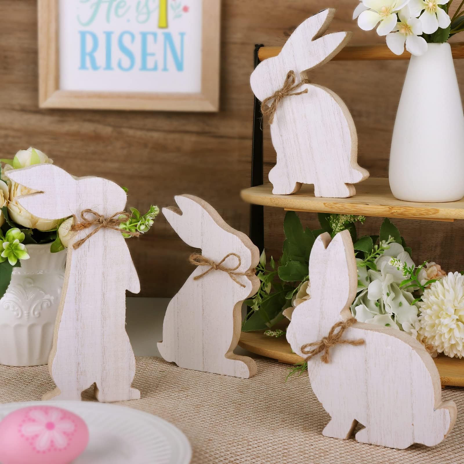 Treory 4 pcs Easter Bunny Natural Wooden Table Signs: Rustic Freestanding Tiered Tray Decor for Home, Farmhouse, Easter Gifts