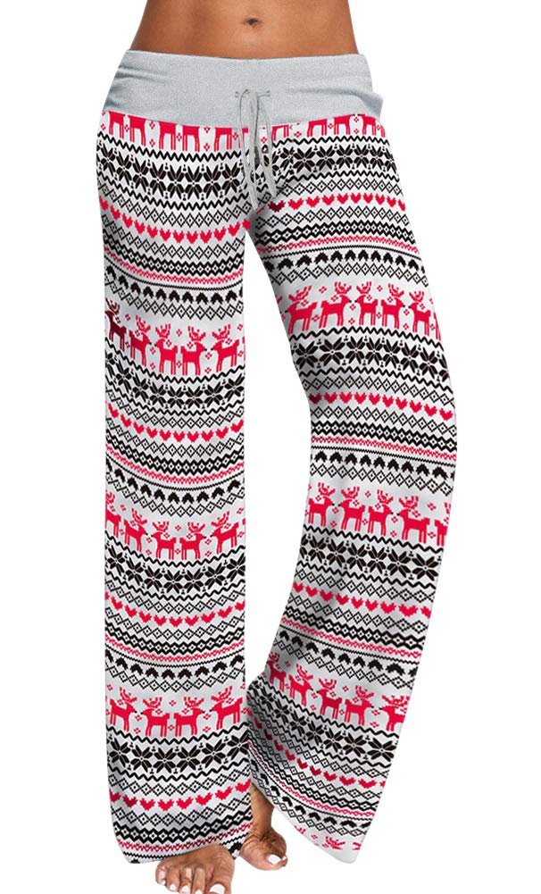 AMiERY Women's Christmas Pajamas Pants Sleep High Waisted Lounge Palazzo Pants Xmas Pajama Bottoms Pants Reindeer XL