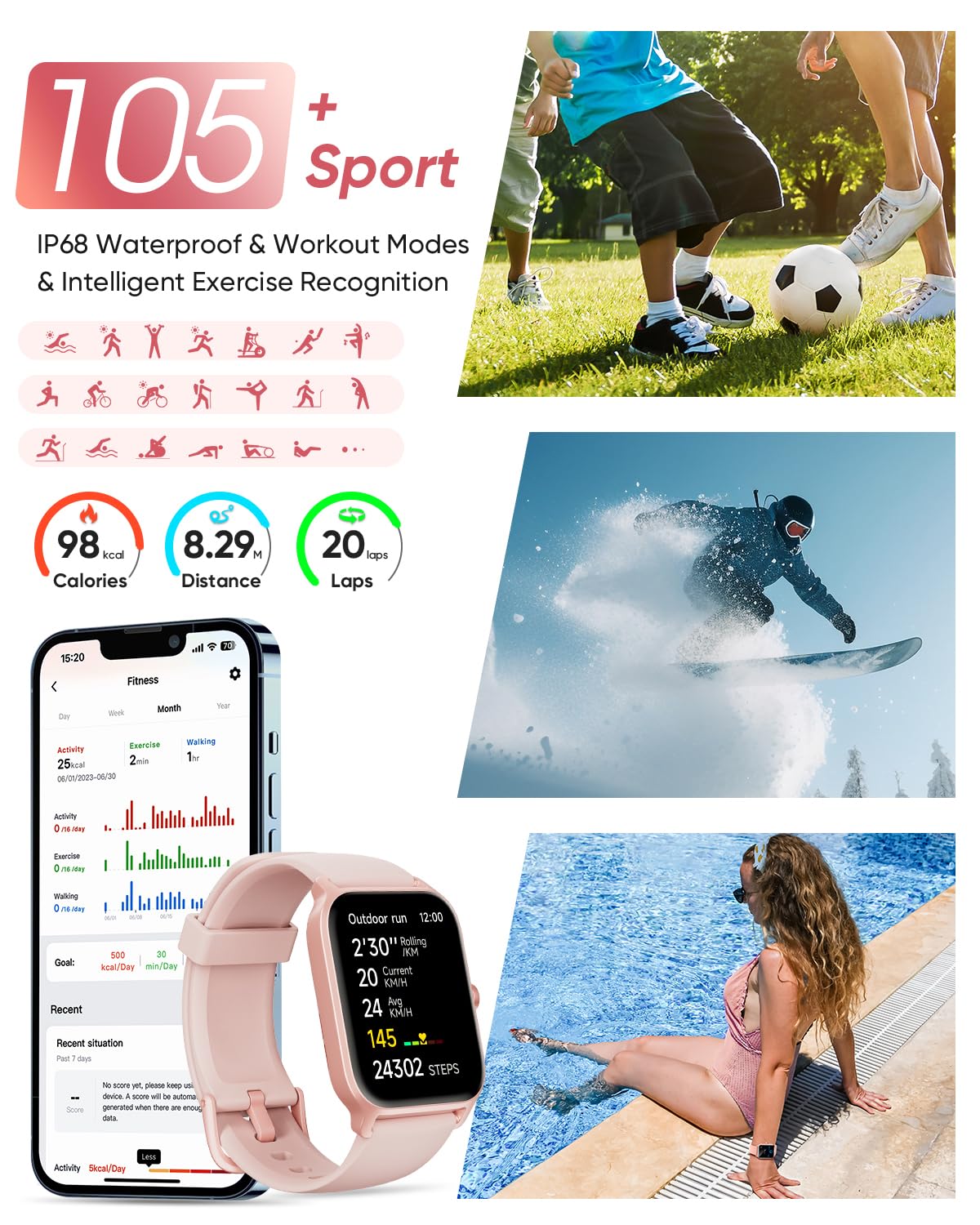 Fitpolo Smart Watches for Women Android & iPhone, Alexa Built-in [1.8" HD Screen] IP68 Waterproof Fitness Watch with Bluetooth Call (Answer/Make), Heart Rate/Sleep/SpO2 Monitor, 105+ Sports Tracker