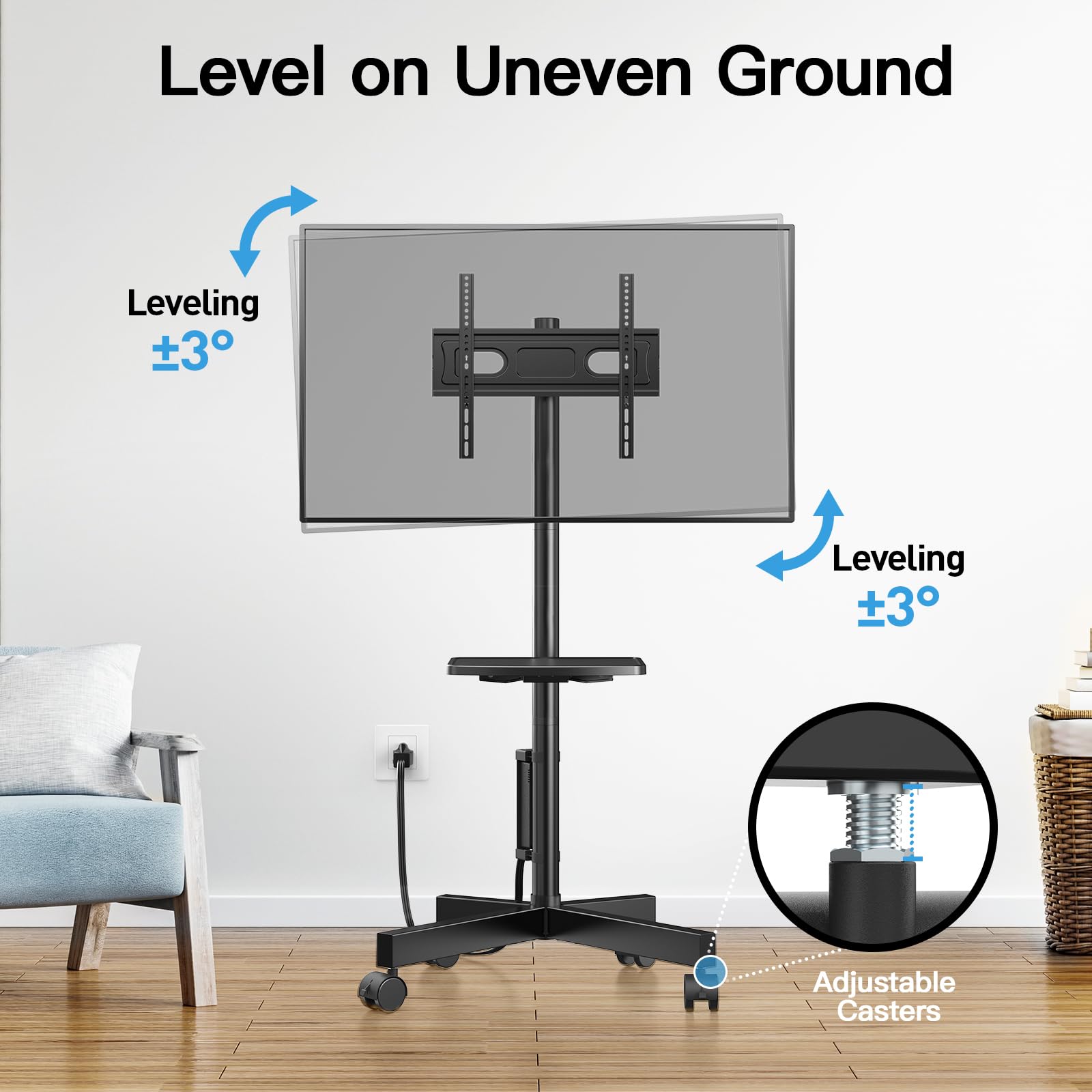 HUANUO Rolling TV Stand with Power Outlet, Mobile TV Stand for 23-60 Inch Flat/Curved LED/LCD/OLED TVs up to 88 lbs, TV Cart Height Adjustable Portable TV Stand on Wheels Max VESA 400x400mm- HNTVMC02