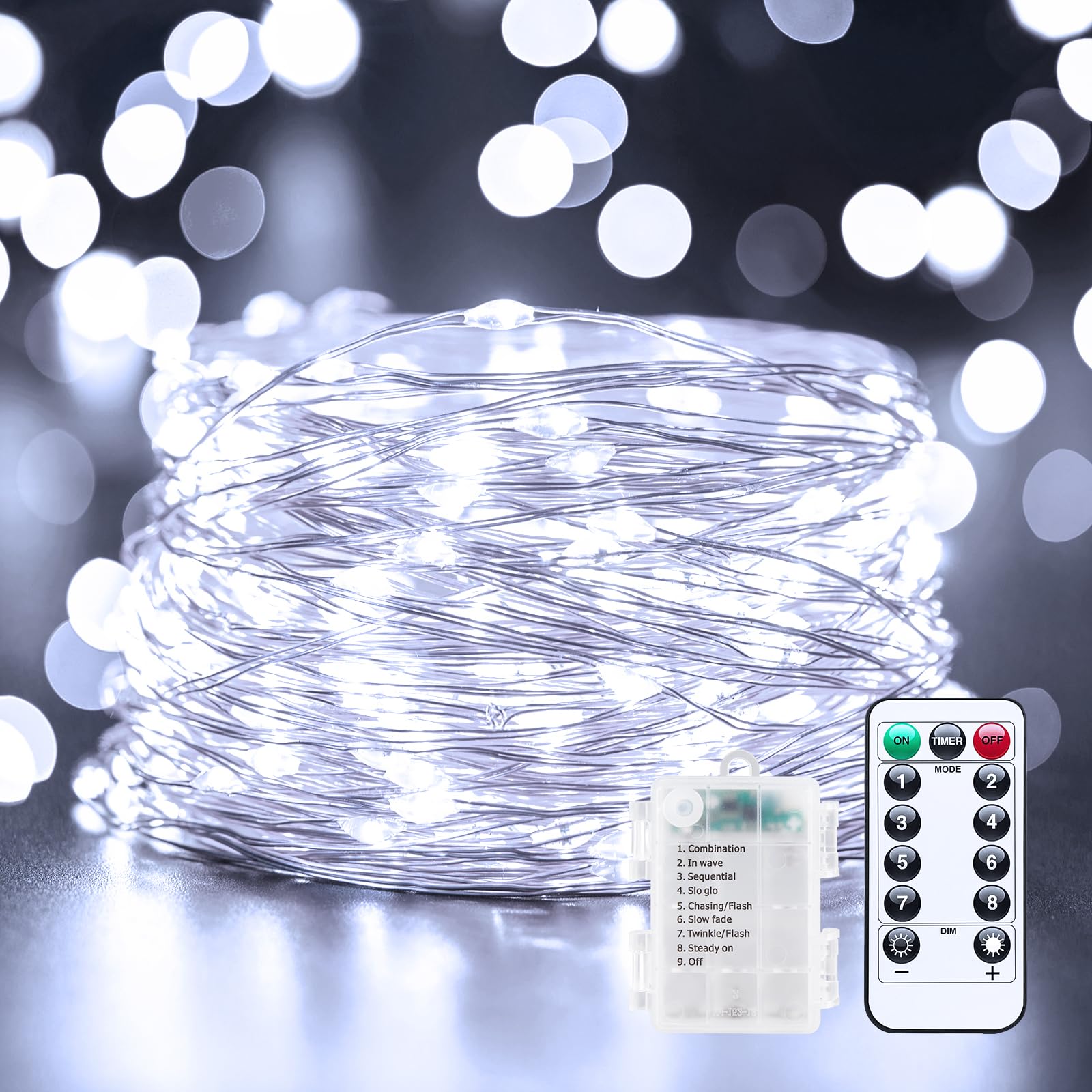 33Ft 100LED Outdoor String Lights, Pure White Fairy Lights Battery Operated with Remote, Waterproof Twinkle Lights for Bedroom Dorm Patio Tapestry Backyard Garden Party Indoor Christmas Decoration