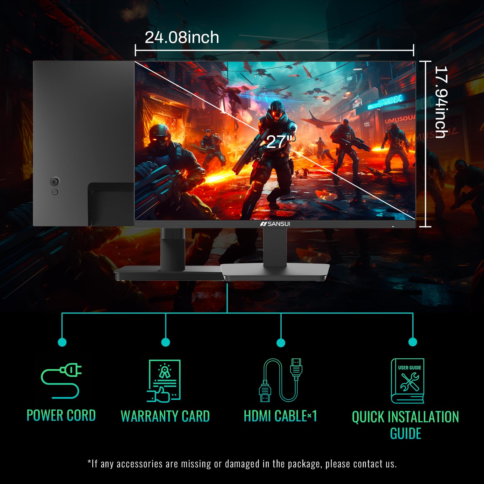 SANSUI Gaming Monitor 27 inch 165Hz 1ms PC Gaming Computer Monitor -FHD 1080P丨AMD FreeSync丨2 x HDMI 2.0丨1 x Display Port 1.4丨IPS丨Blacklevel Adjust丨VESA Compatible,Black (ES-G27F2)