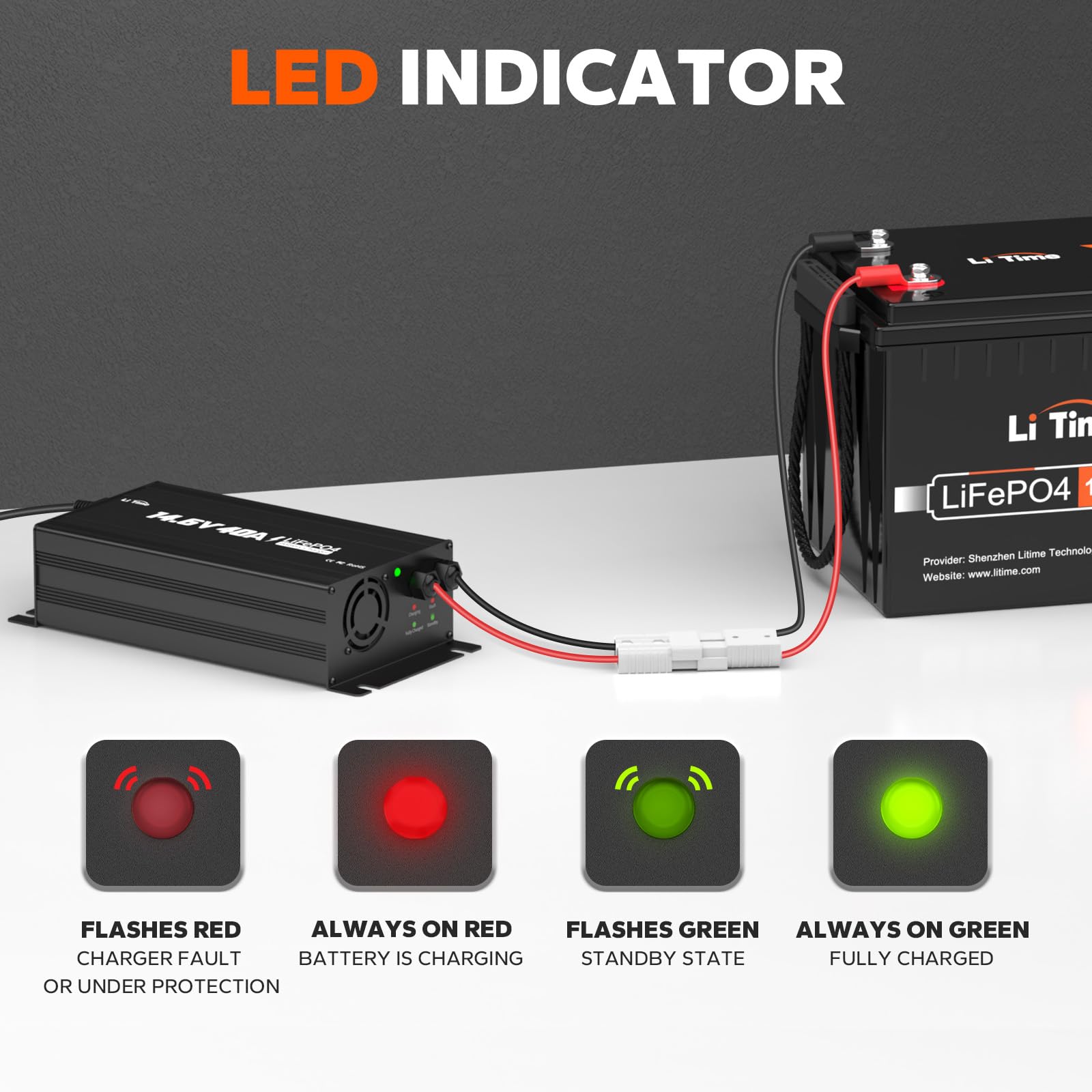 LiTime 14.6V 40A Lithium Battery Charger Mountable for 12V LiFePO4 Lithium Battery with LED Indicator and ON/Off Switch, AC-DC Smart Charger for 12.8V LiFePO4 Lithium Batteries, 40A Fast Charging