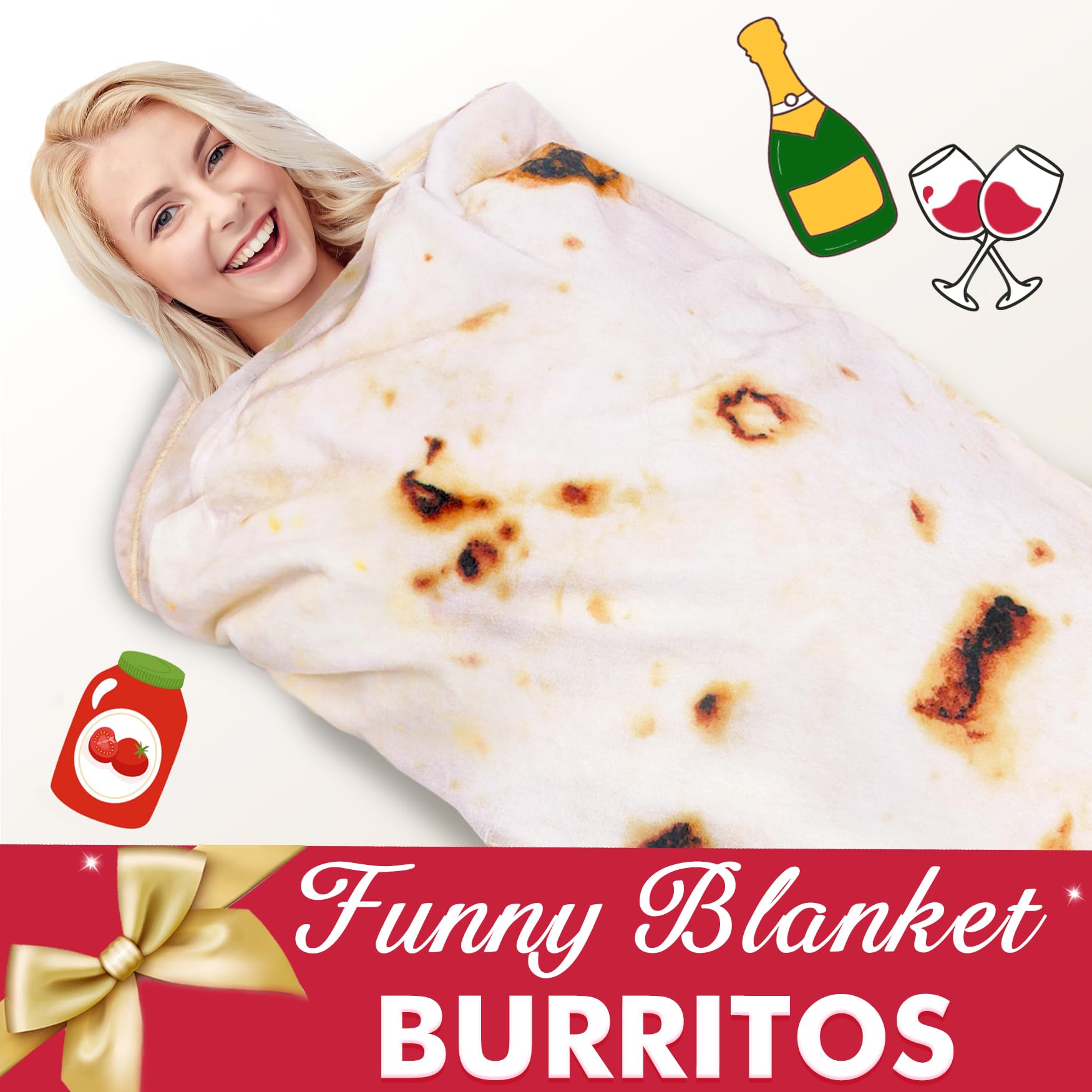 Jorbest Burritos Tortilla Wrap Blanket Adult Kids and Baby Size Birthday Gifts, Double Sided Food Throw Blanket Funny Gifts for Women Men Teen, 285 GSM Soft Flannel Taco Blanket (Yellow, 60 inches)