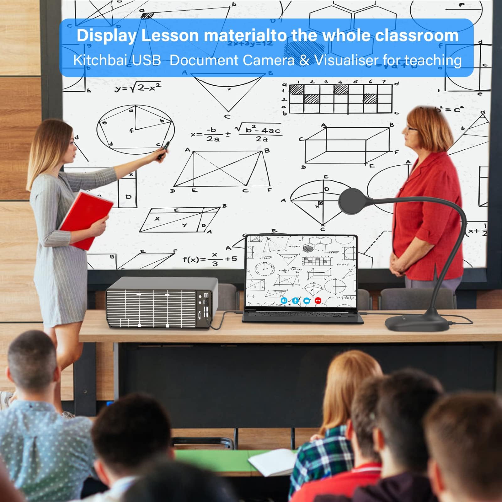 kitchbai Document Camera for Teachers, Webcam and Overhead Camera for Classroom with Mic, LED Lights, Image Invert, Fold for Mac OS, Windows, Zoom, OBS Work with Distance Learning/Teaching, Live Demo