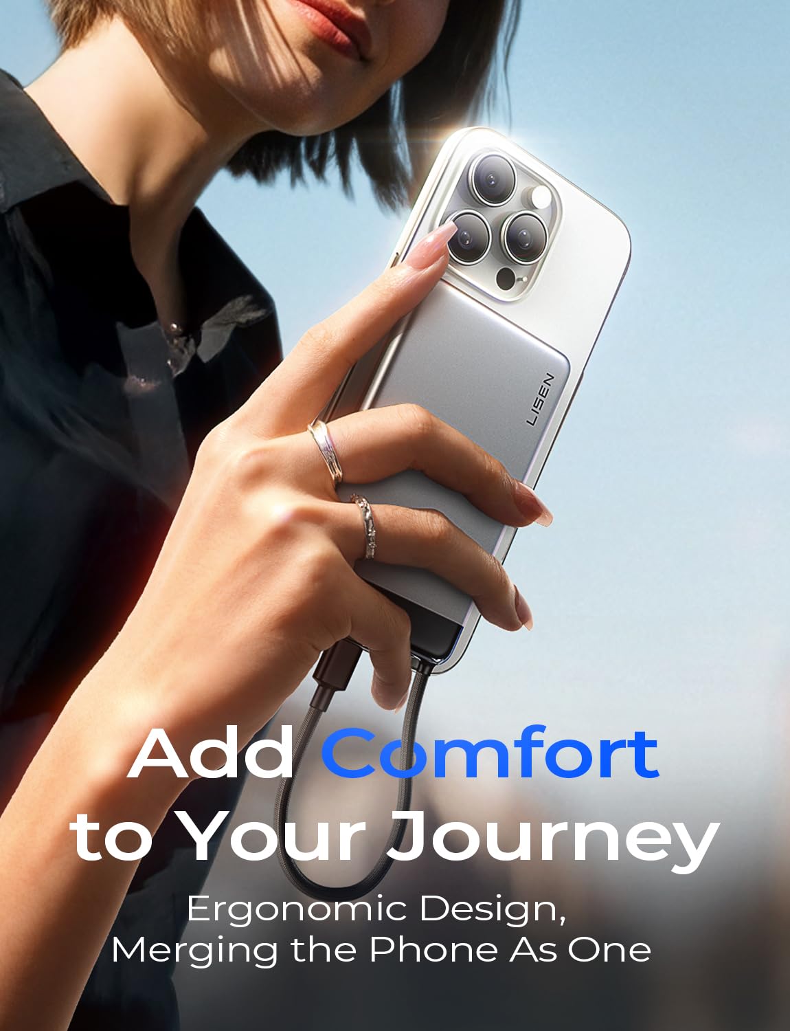 LISEN 0.5" Ultra Slim Power Bank 10000mAh with Built in USB C Cable, CCC Certified Power Bank International Travel Essentials for Flying, Best Airplane Gadgets Cruise Essentials Portable Charger USB C