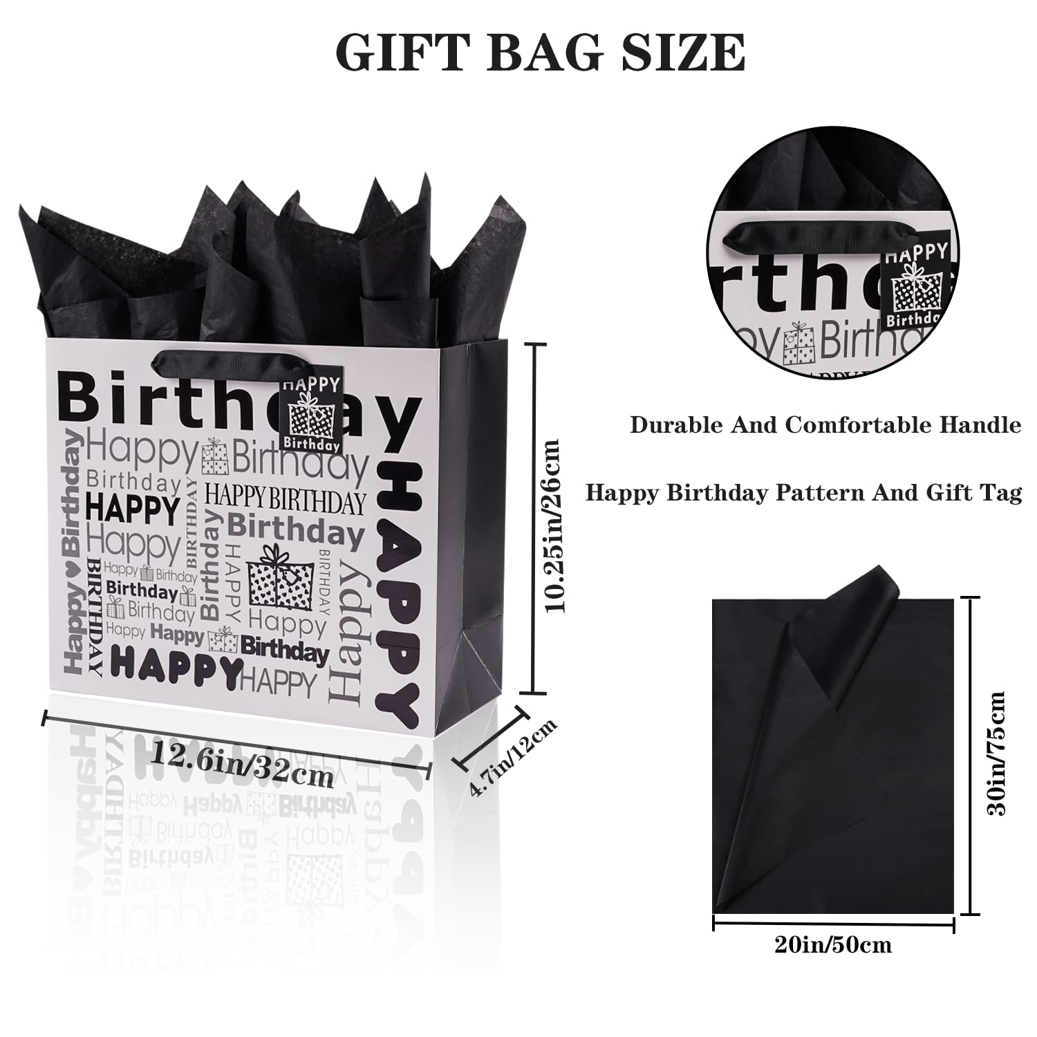 JWSCYSY 2Pcs White and Black Large Gift Bags with Tissue Paper, Happy Bithday Gift Bag for Men Women Birthday - 12.6" x 10.25" x 4.7".