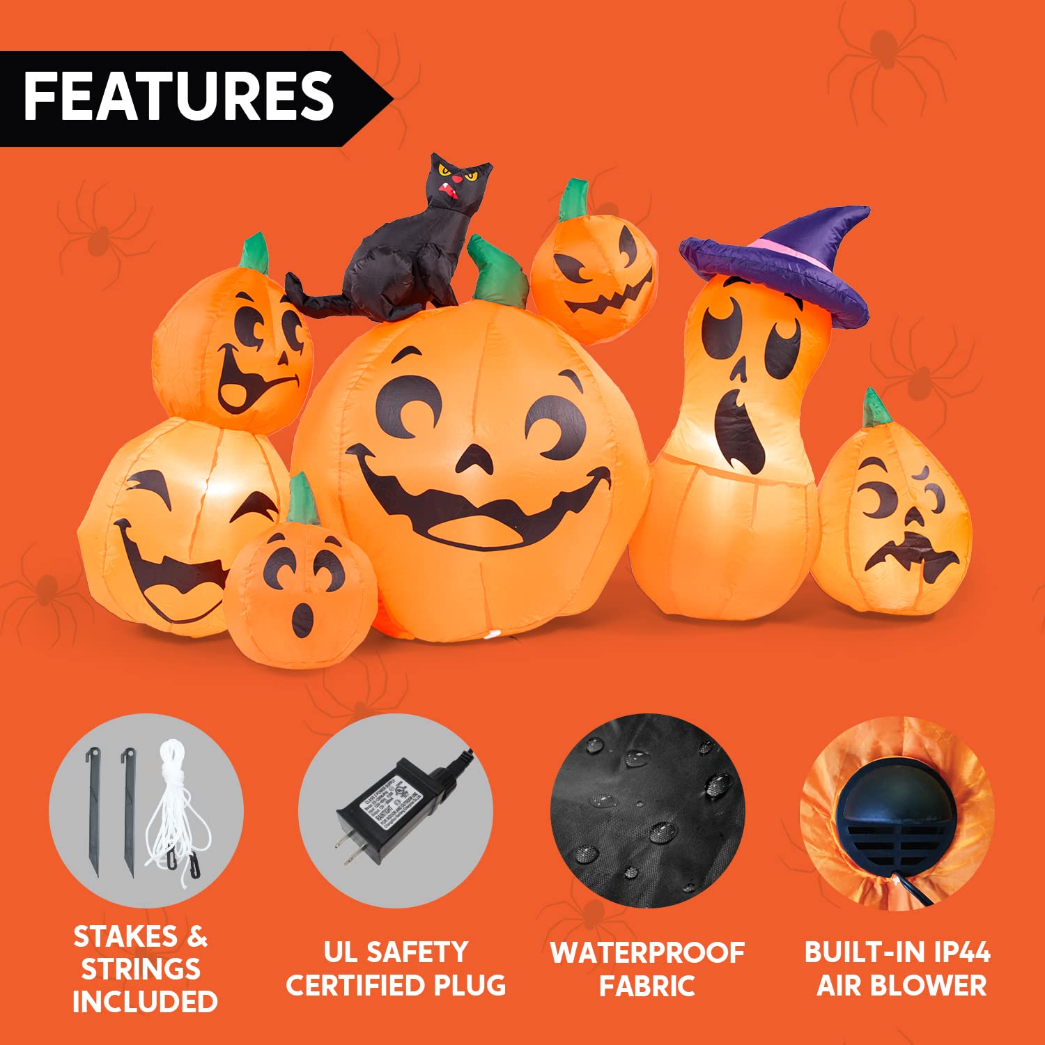 Joiedomi 6 FT Long Halloween Inflatable Outdoor Decorations, Pumpkin Blow Up Halloween Yard Decorations, 7 Pcs Inflatable Pumpkin for Outside with Witch's Cat with Build-in LEDs for Halloween Decor