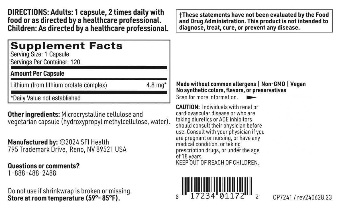 Klaire Labs Lithium Orotate 4.8 mg - May Help Balance Mood - Bioavailable Lithium Orotate Supplement - Trace Minerals Promote Focus, Memory, Cognitive & Mood Support (120 Vegetarian Capsules)