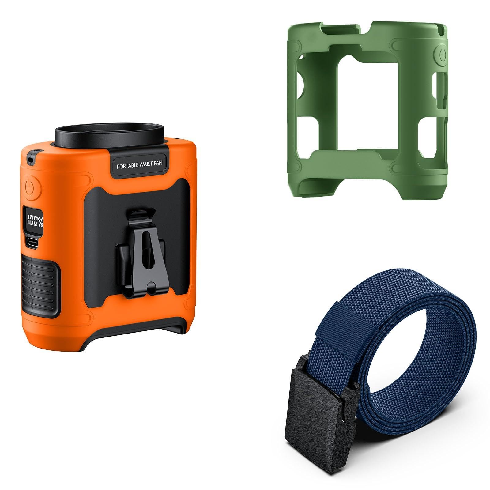 morsisho 1 Pack Orange Portable Waist Fan, Green Silicone Protective Covers and Dark Blue Tactical Nylon Belt