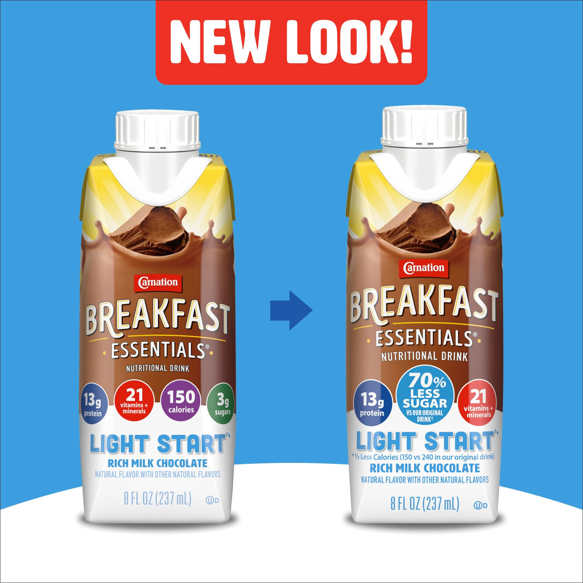 Carnation Breakfast Essentials Light Start Nutritional Drink, 13g Protein Ready-to-Drink, 70% Less Sugar, Immune Support, Vitamins, Gluten Free, Chocolate, 8 FL OZ Carton (24 Pack)