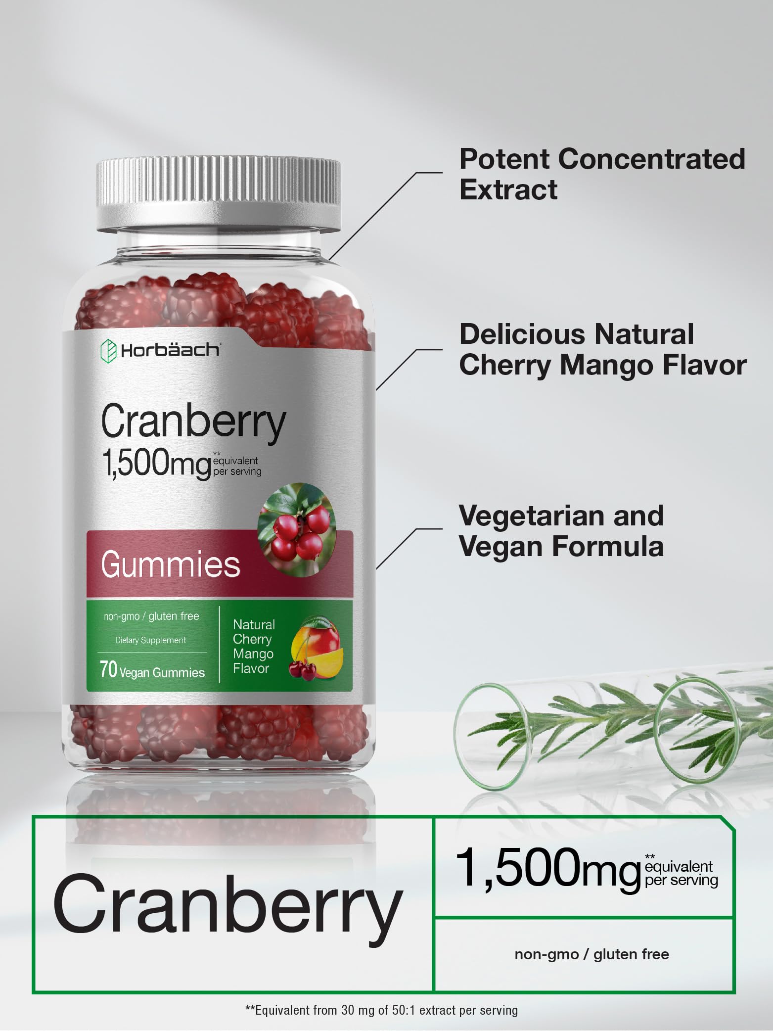 Horbäach Cranberry Gummies | 70 Count | Vegan, Non-GMO, and Gluten Free Supplement | High Potency Extract Formula