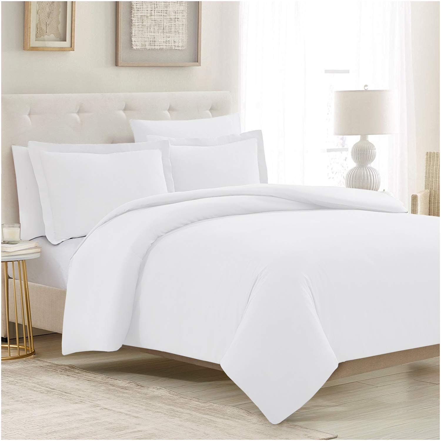 Mellanni Duvet Cover Set - 5 PC Iconic Collection Bedding Set - Hotel Luxury, Extra Soft & Cooling - Microfiber - Button Closure and Corner Ties (Queen, White)