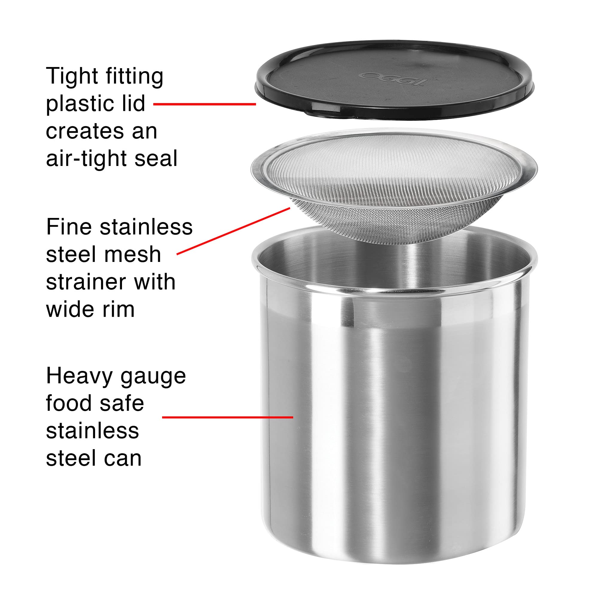 Oggi Stainless Steel Jumbo Grease Container with Removable Strainer and Snug Lid. Perfect container for fryer oil, bacon drippings, lard and ghee oil. Large capacity can - 1 Gall / 4 Qt / 3.75 Lt