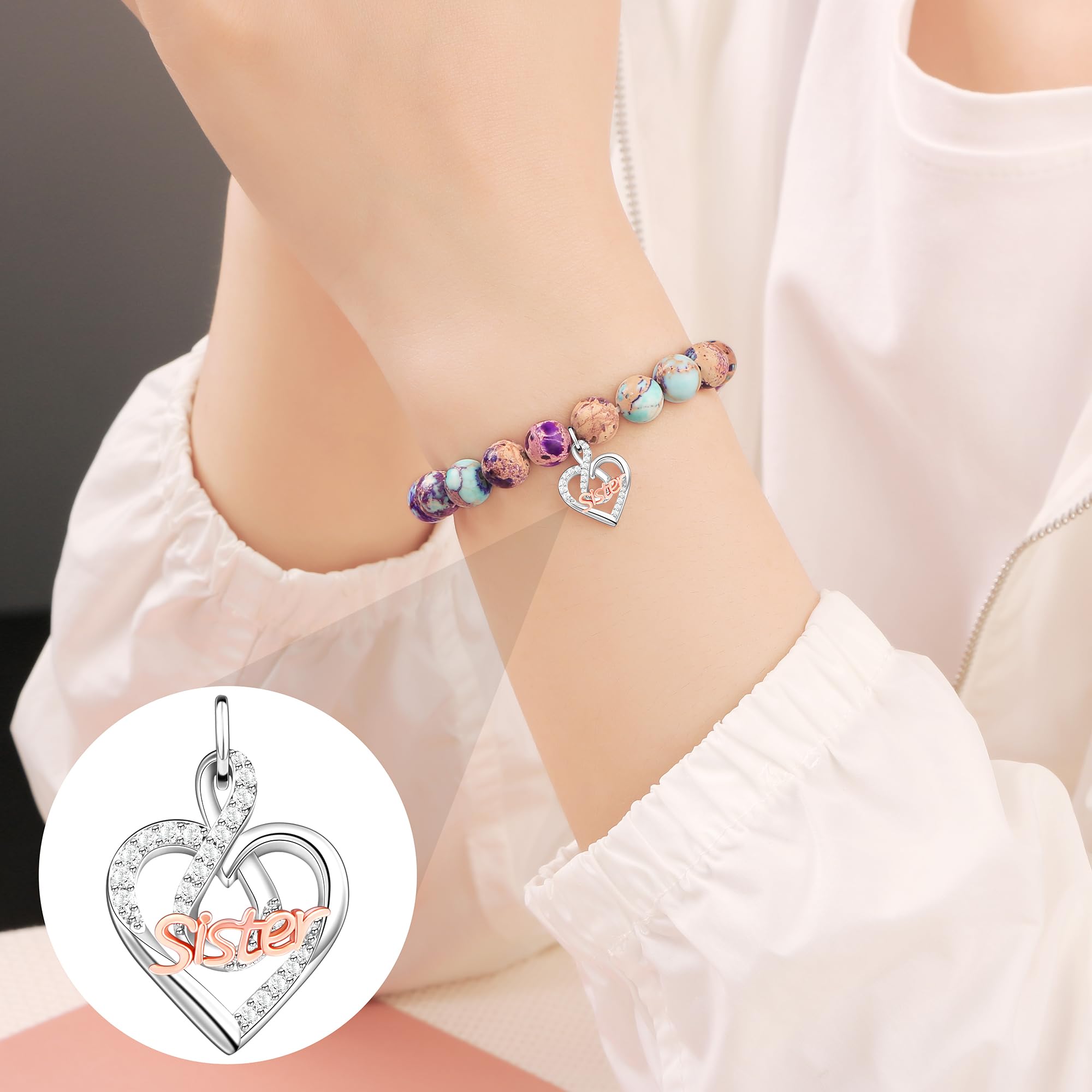 JoycuFF Christmas Birthday Gifts for Sister Bracelet, To My Sisters Gift Gifts from Brother, Christmas Mothers Day Unique Gifts for Sister Colorful Imperial Jasper Natural Stone Bracelets for Women