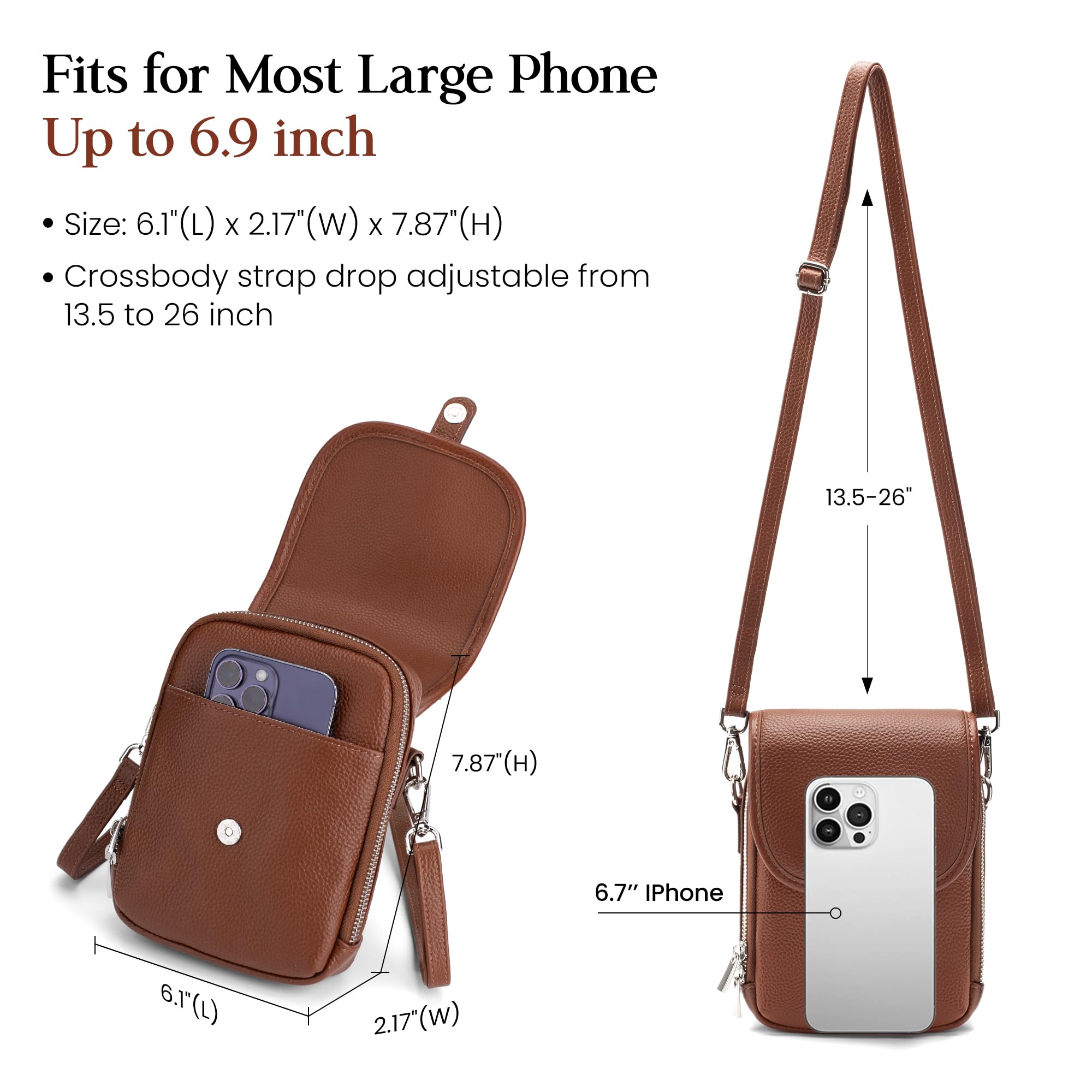 befen Soft Real Leather Small Crossbody Bags for Women, Woman Anti-Theft Phone Purse Shoulder Bag Handbags with RFID Card Slots Cognac Brown