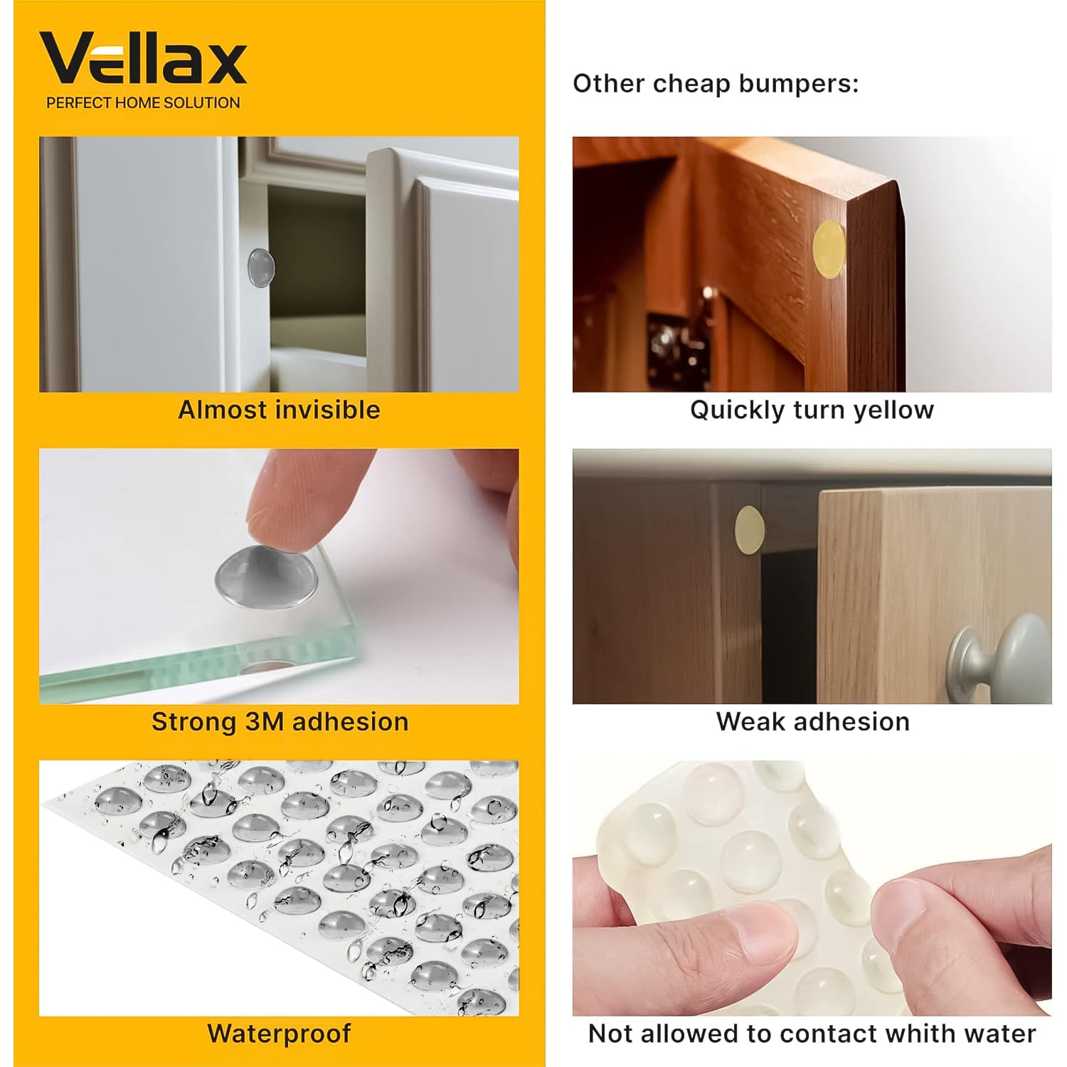Vellax Cabinet Door Bumpers 128 Pcs - Grey Self Adhesive Pads, Cabinet Stoppers, Rubber Bumpers for Drawers, Cupboards, Cutting Boards, Glass Tops, Picture Frames, Kitchen Furniture (Hemispherical)