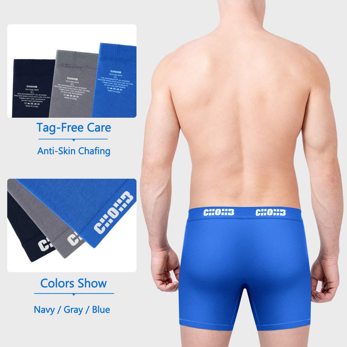 CHOHB Mens Underwear Micro Modal 3 Pack Boxer Briefs Open Fly, Navy/Gray/Blue-M