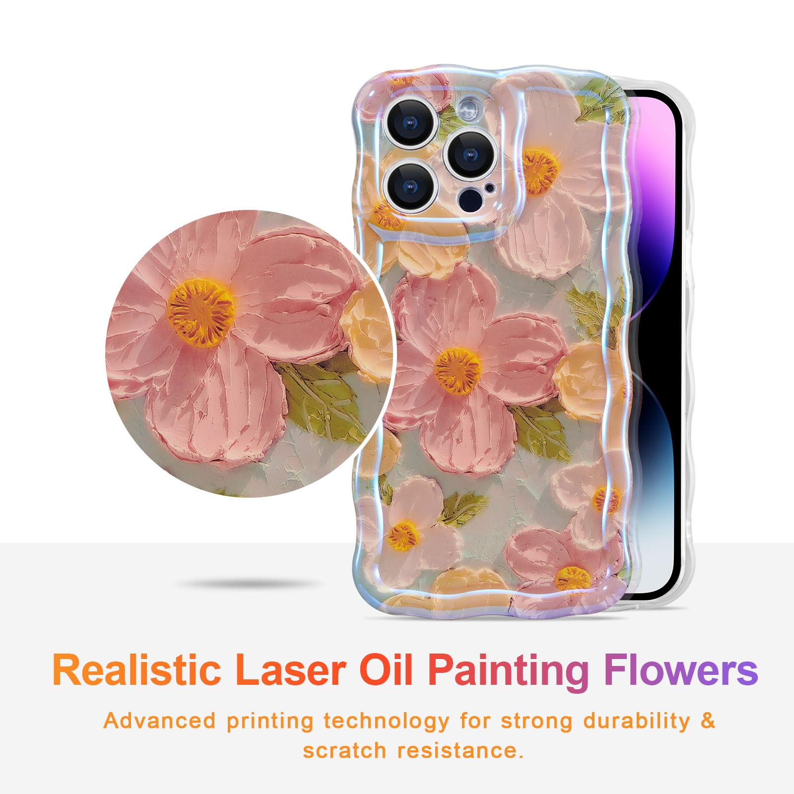 EYZUTAK Case for iPhone 14 Pro, Colorful Retro Oil Painting Printed Flower Laser Glossy Pattern Cute Curly Waves Border Exquisite Phone Cover Stylish Durable TPU Protective Case for Girls Women -Green