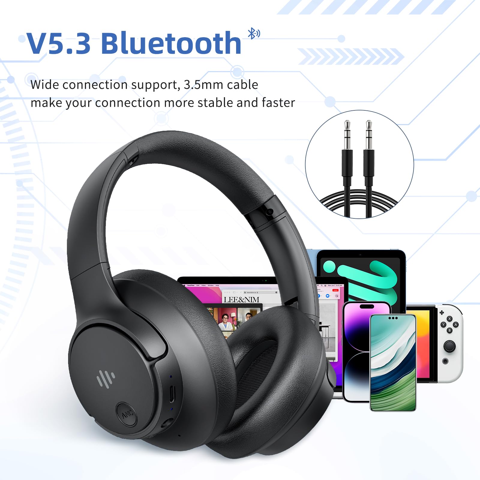 Active Noise Cancelling Headphones, Wireless Headphones Over Ear Bluetooth Headphones with Microphone, Transparency Mode, 70H Playtime, Hi-Res Audio, Deep Bass, Bluetooth 5.3, Lightweight Design,Black