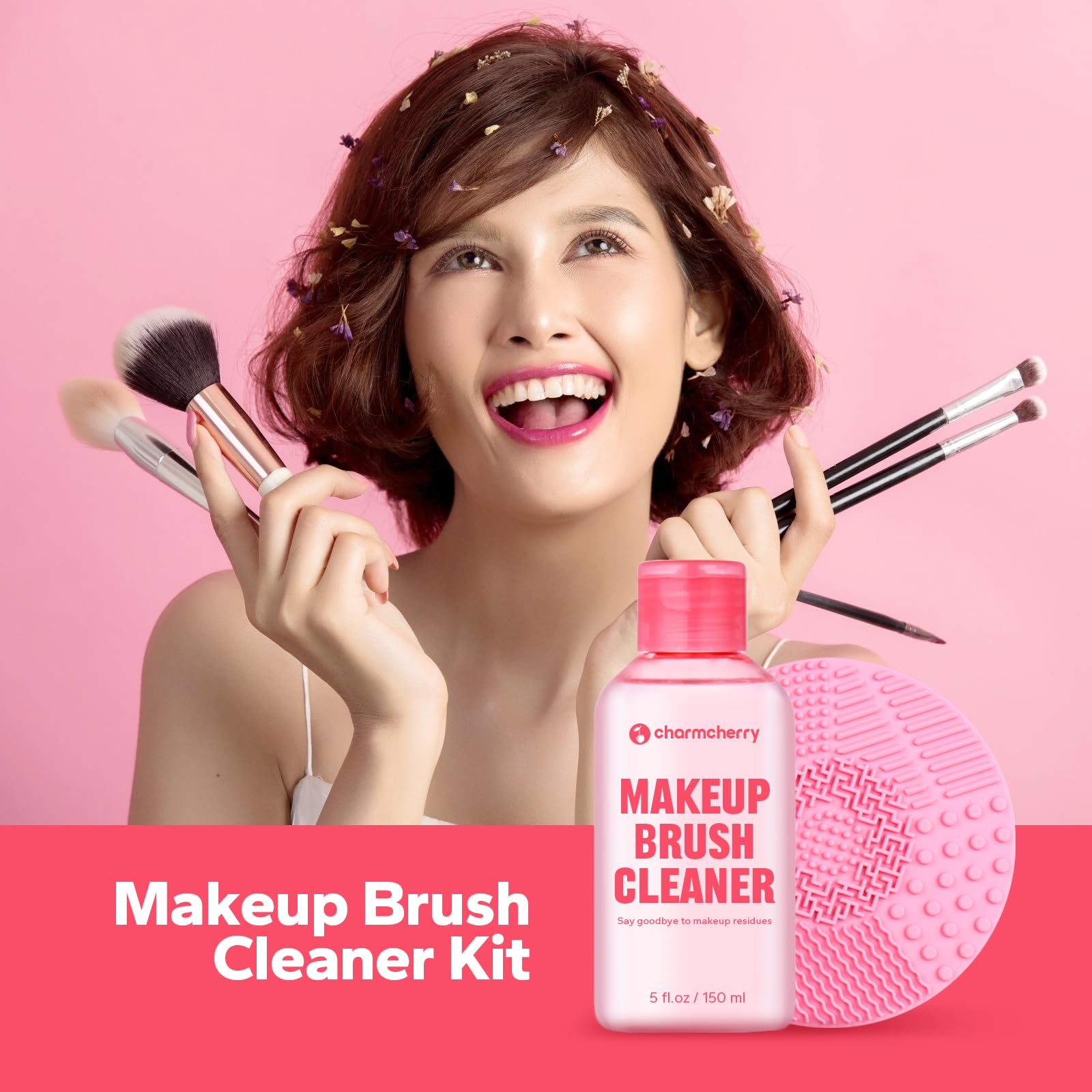 CharmCherry Makeup Brush Cleaner Kit (5 fl.oz), Clean Makeup Brush Cleaner Solution, Makeup Brush Cleaner, Makeup Brush Shampoo, Beauty Sponge, Powder Puff, Makeup Brush Cleanser with Cleaning Mat