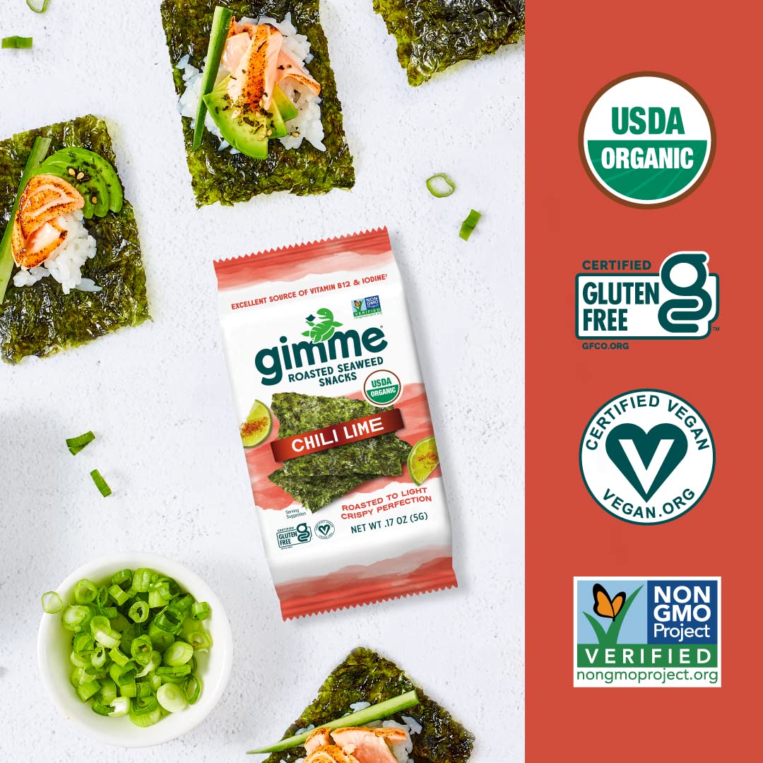 Gimme Seaweed - Chili Lime - 6 Count - Organic Roasted Seaweed Sheets - Keto, Vegan, Gluten Free - Great Source of Iodine & Omega 3’s - Healthy On-The-Go Snack for Kids & Adults