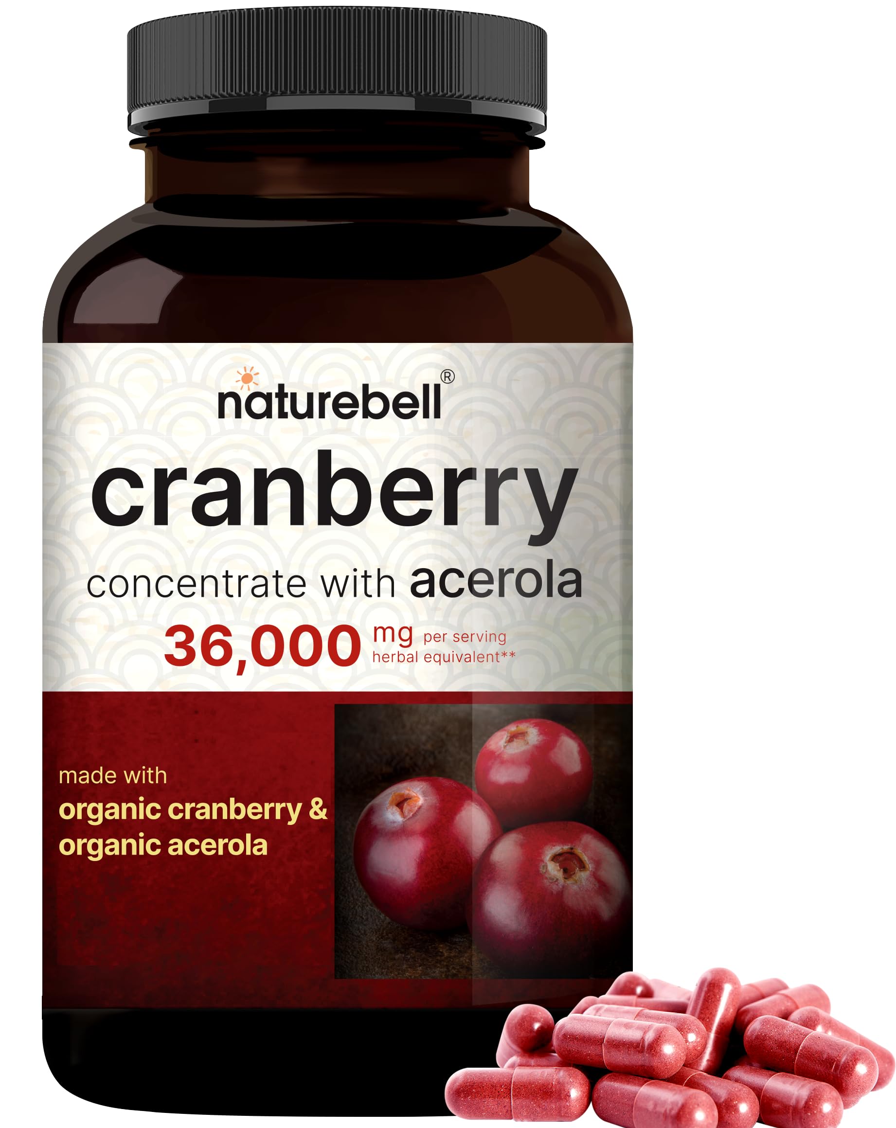 NatureBell Cranberry Pills 36,000mg with Acerola | 100:1 Fresh Cranberries Extract – Organic Ingredients – Supports Urinary Tract Health – Sugar Free