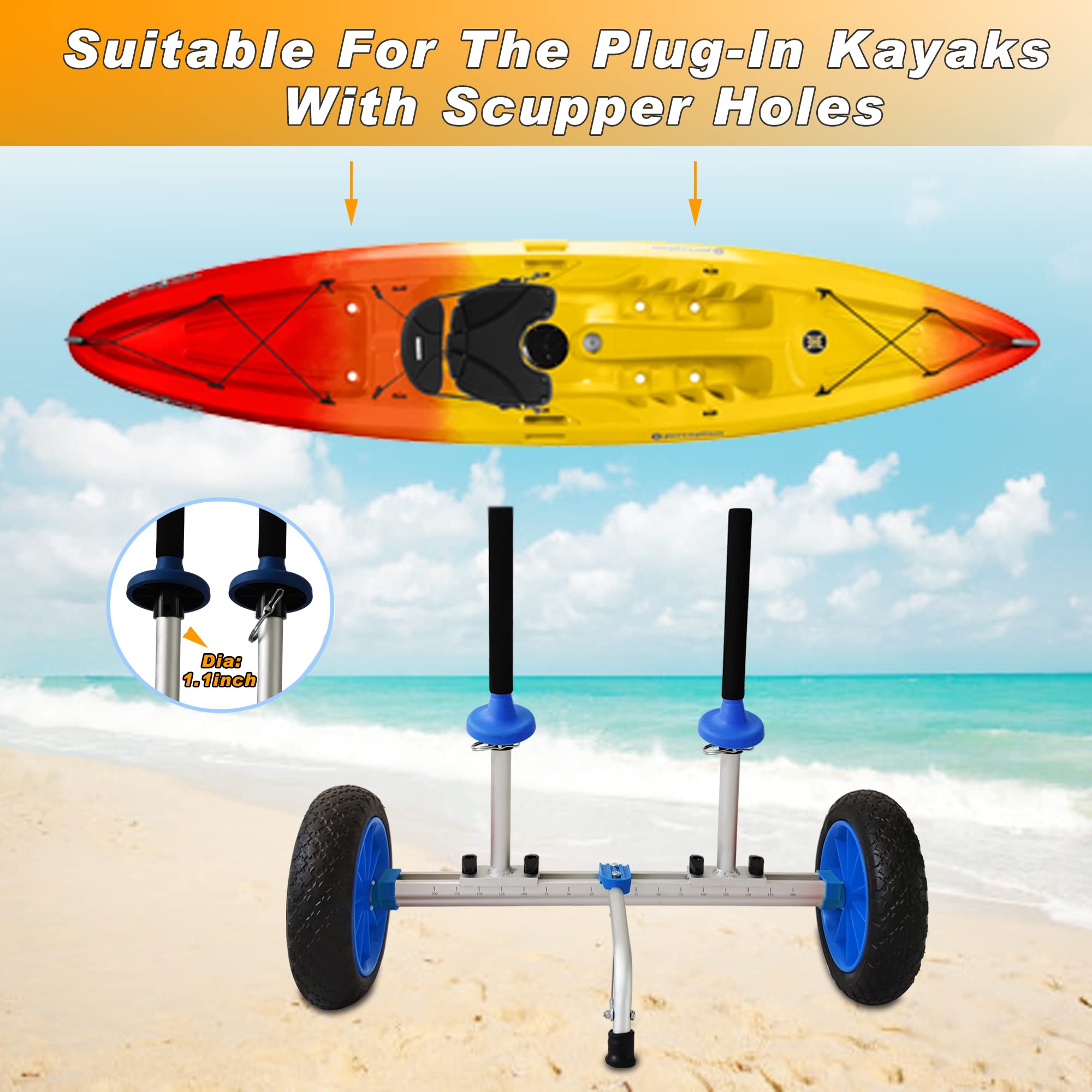 Newcod Sit on Top Kayak Cart Dolly with Large Airless Wheels, Quick-Detachable and Width Adjustable, Suitable for Kayaks Canoes with Scupper Holes