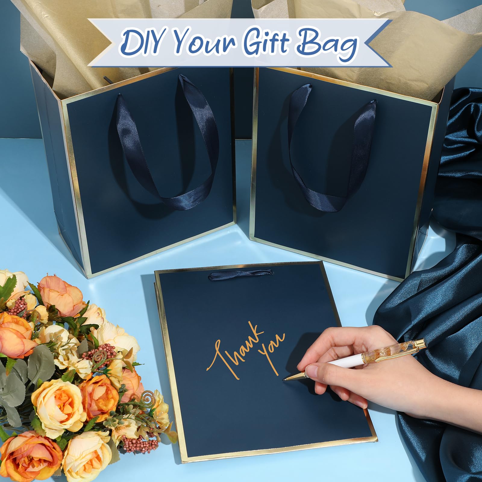 Yeaqee 24 Pack Metallic Paper Gift Bags with Handle and Tissue 9 x 7 x 3.1 Bridesmaid Welcome Gift Bag Thank You Bags for Christmas Thanksgiving Party Wedding Bridal Favor(Navy Blue, Gold)