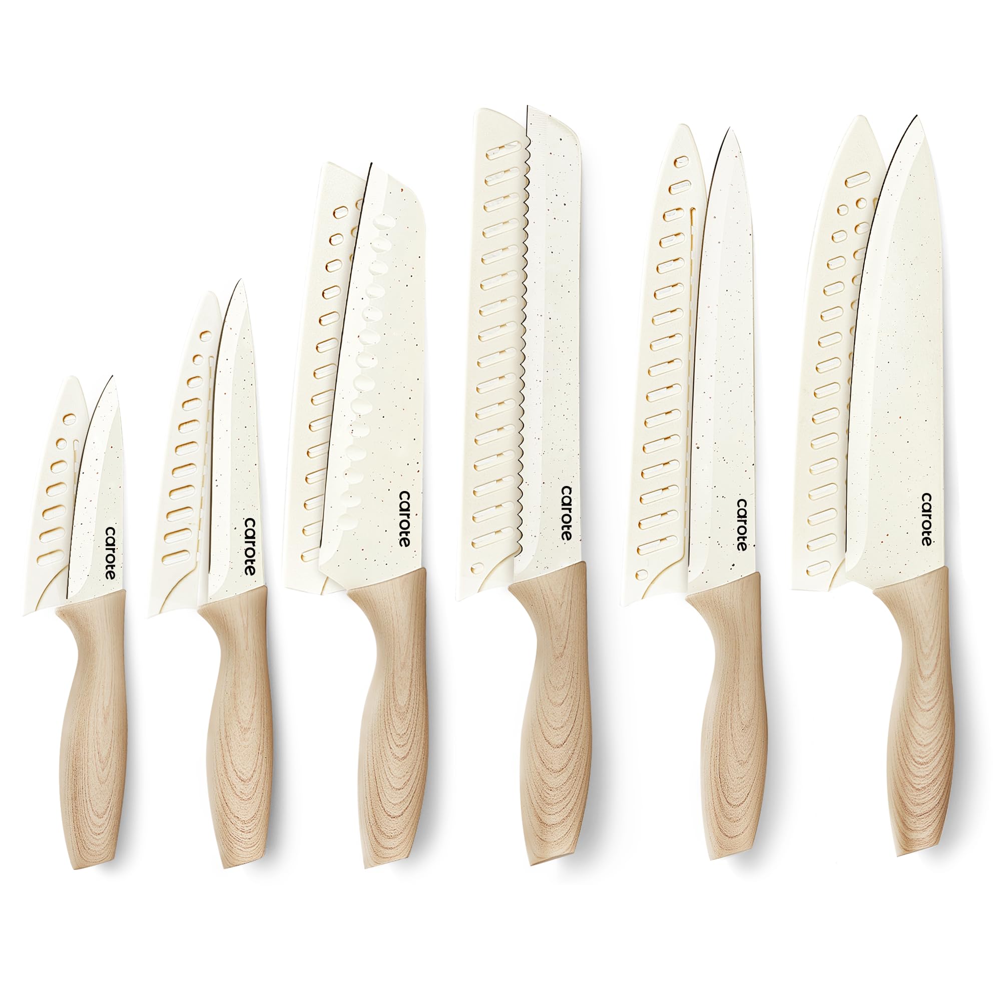 CAROTE 12PCS Knife set with Blade Guards,Granite Nonstick Ceramic Coating,Stainless Steel blade, Wooden Handle, Essential knife set,White