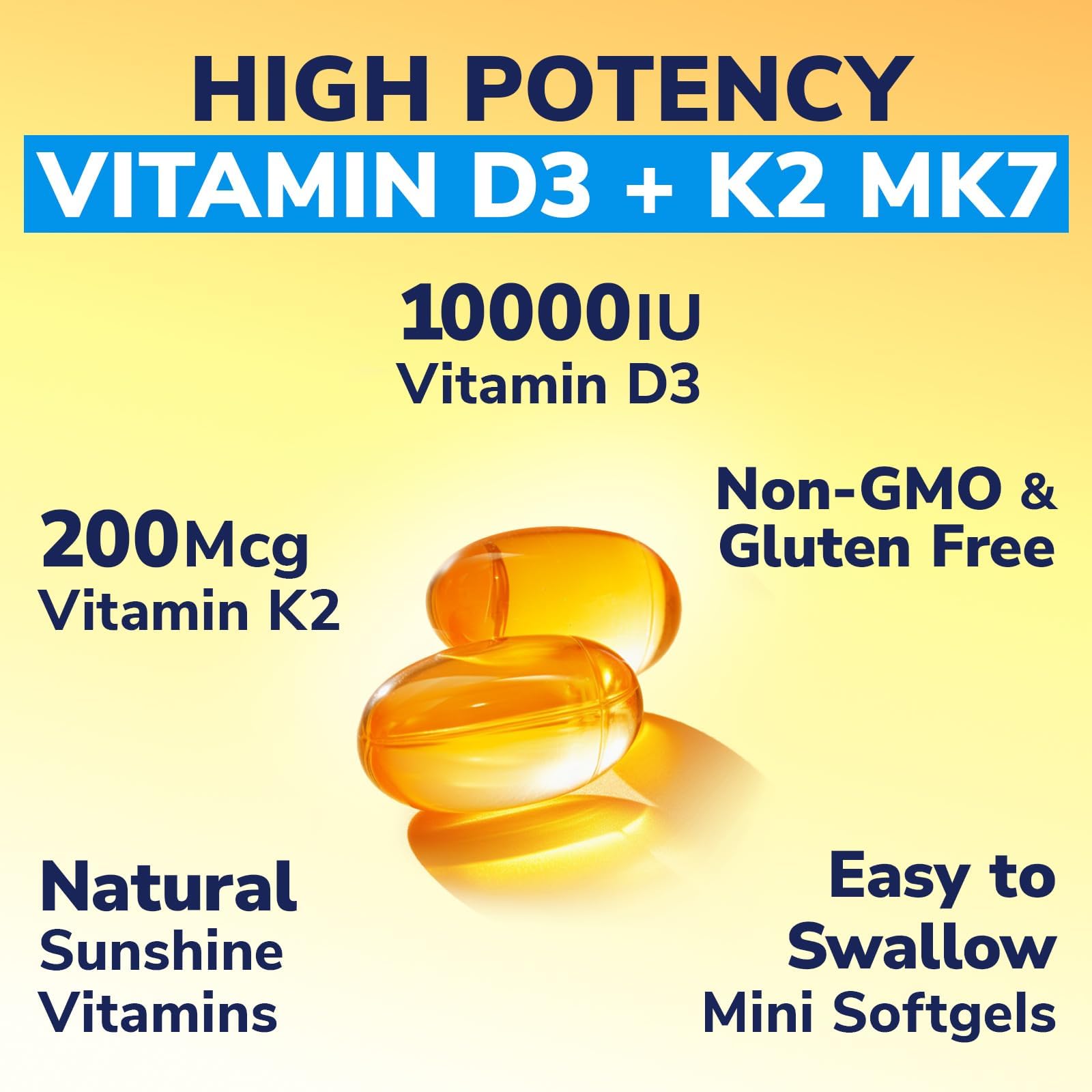 Vitalibre Vitamin D3 K2 Supplement, 10000 IU D3 / 200 mcg K2 MK7, Calcium Absorption, Bone, Heart, Immune & Mood Support, Enhanced Absorption, No Soy, Easy to Swallow, 90 Softgels