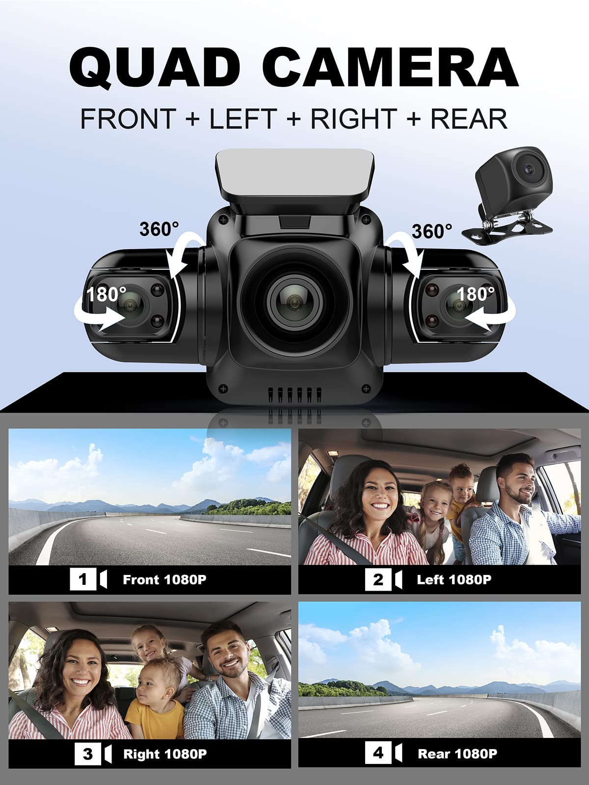 4 Channel Dash Cam Front and Rear Inside Left Right FHD 1080P Dash Camera for Cars, 360 View Parking Monitoring Mode, Built-in WiFi, Free 64GB Card