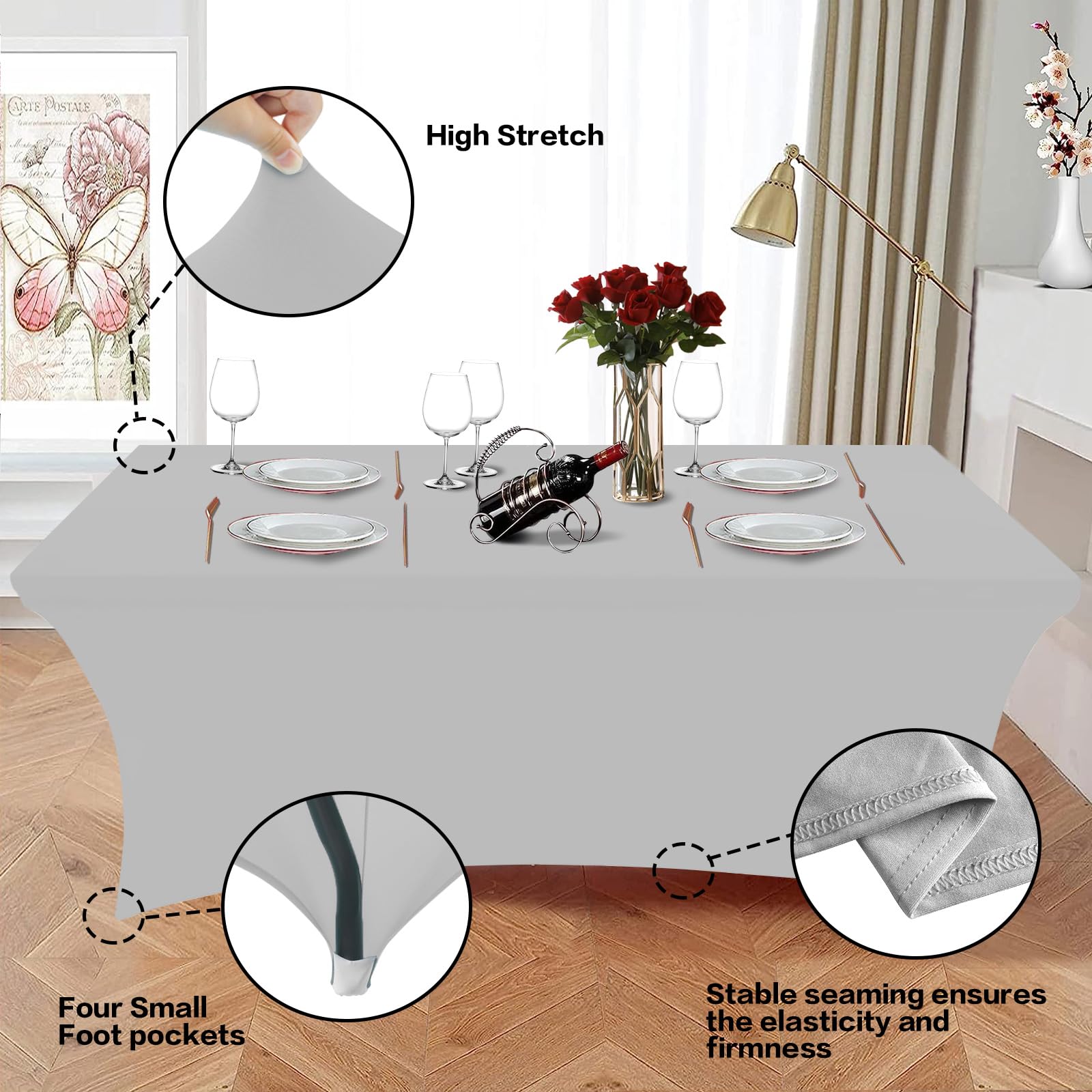Hussome 2 Pack 4FT Table Cloth for Rectangle Table Grey Tablecloth Rectangular Fitted Stretch Spandex Table Covers 4 ft for Birthday, Cocktail, Wedding, Banquet Spring Summer Outdoor Party
