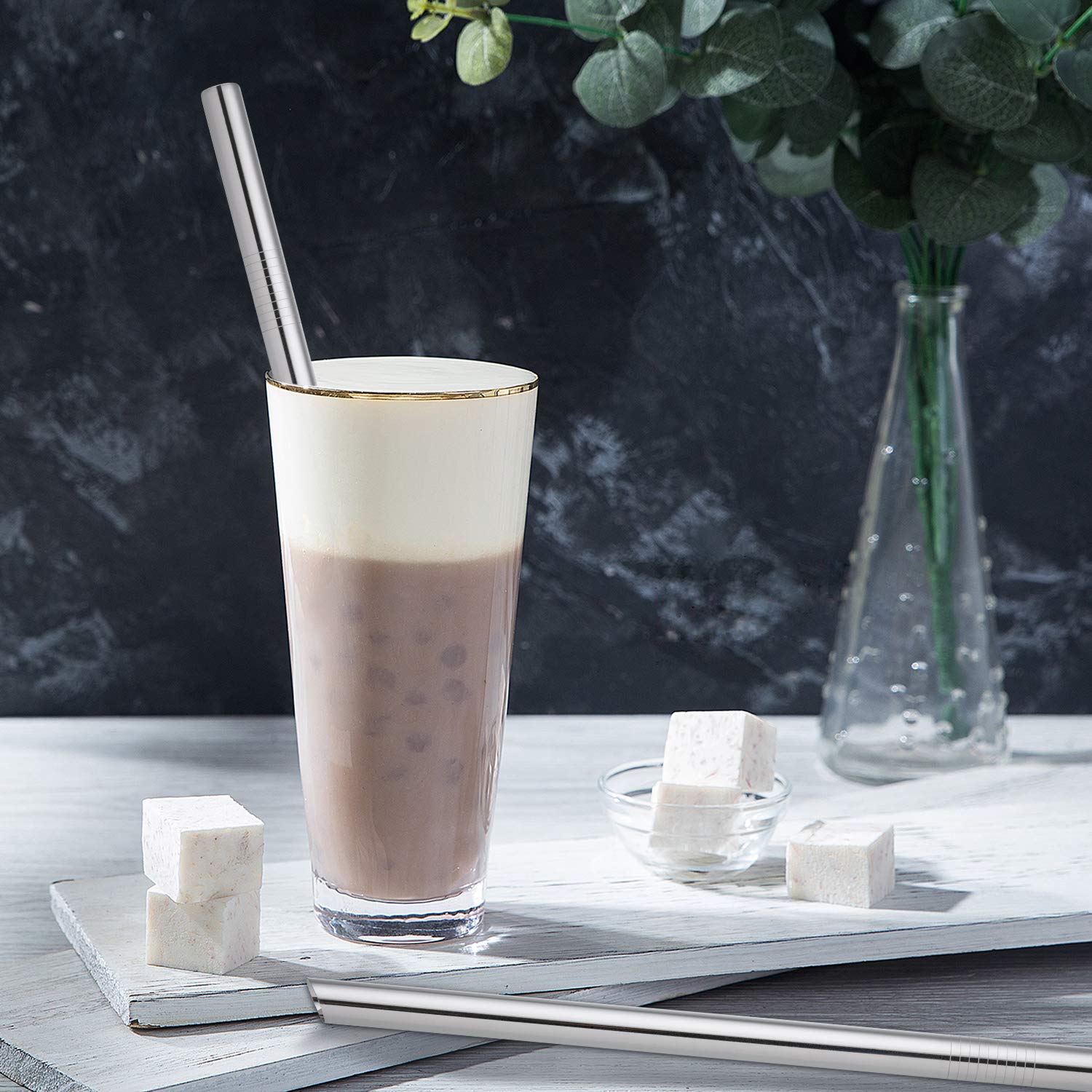 [Angled Tips] 5 Pcs 10" Reusable Bubble Tea Straws & Smoothie Straws, 0.5" Wide Stainless Steel Straws, Metal Straws for Bubble Tea/Tapioca Pearl, Milkshakes, Jumbo Drinks | 2 Cleaning Brushes