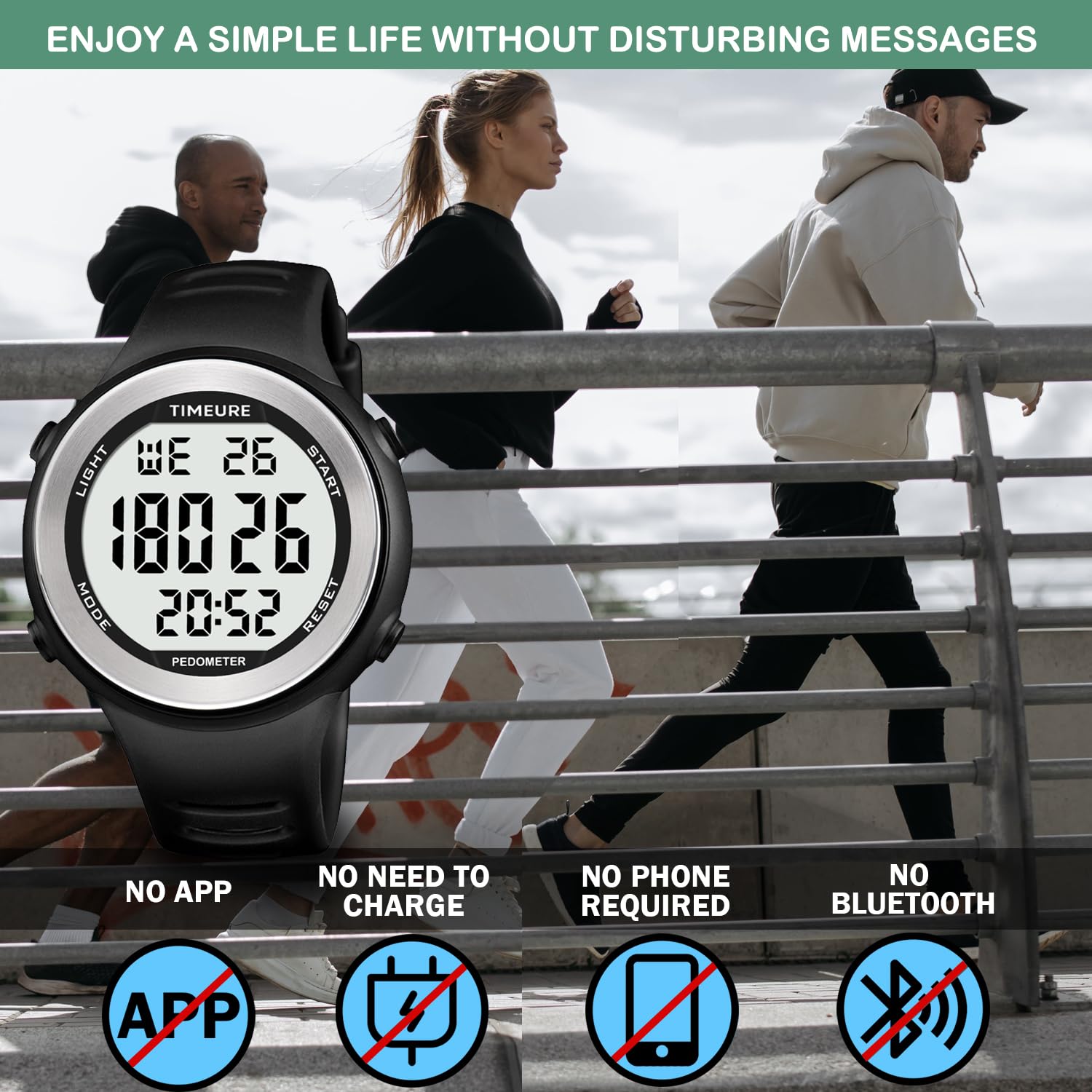 Mens Pedometer Watch for Walking Step Counter Watch No Charging, No App Connection, with EL Backlight. Simple, Practical Choice for Mobile-Free Fitness Enthusiasts TIMEURE-2308 (Black)