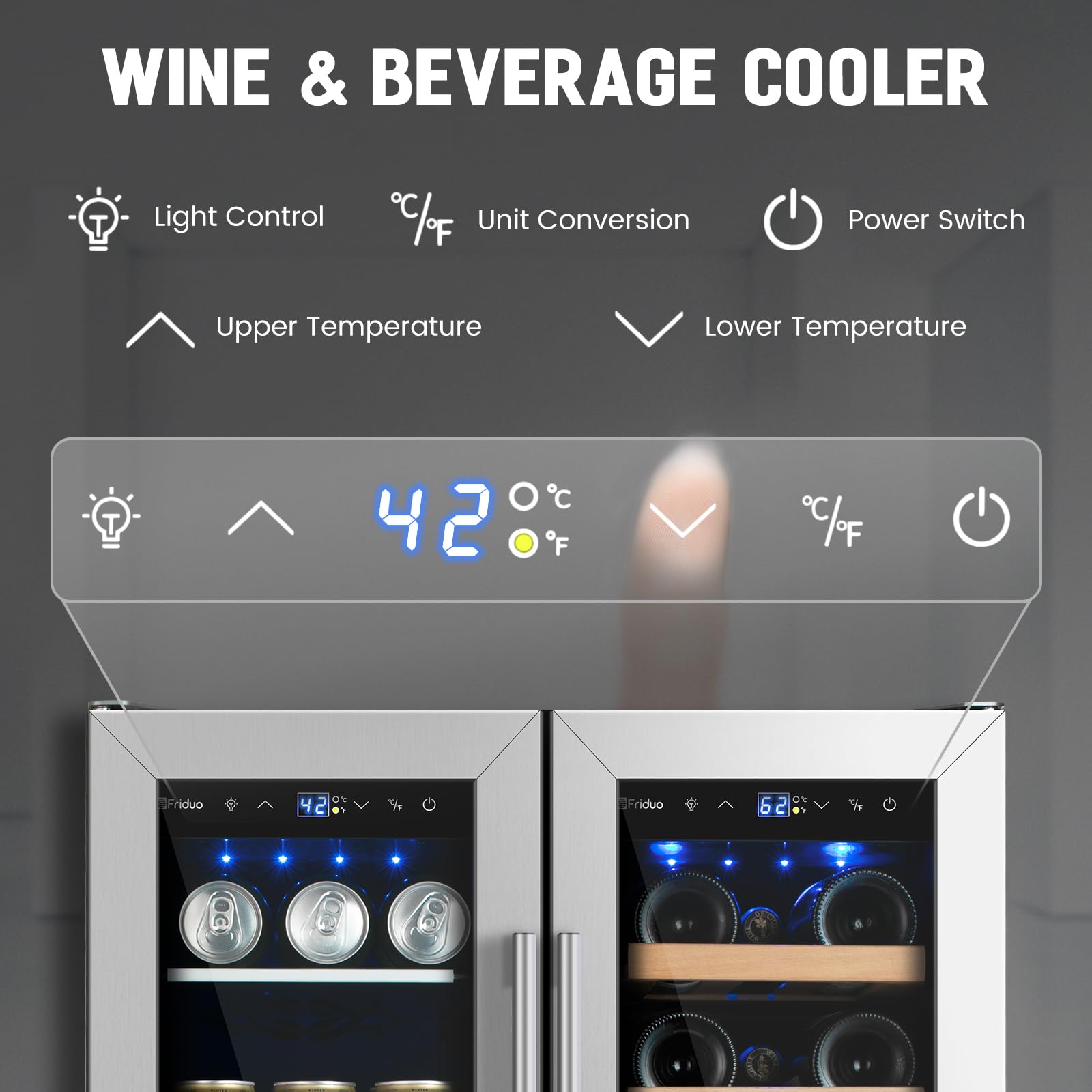 Friduo Wine and Beverage Refrigerator 24 inch, Dual Zone Wine Cooler Under Counter Lockable 20 Bottles and 88 Cans Fridge Built in Freestanding for Beer Soda Drink Bar Kitchen Cabinet Commercial