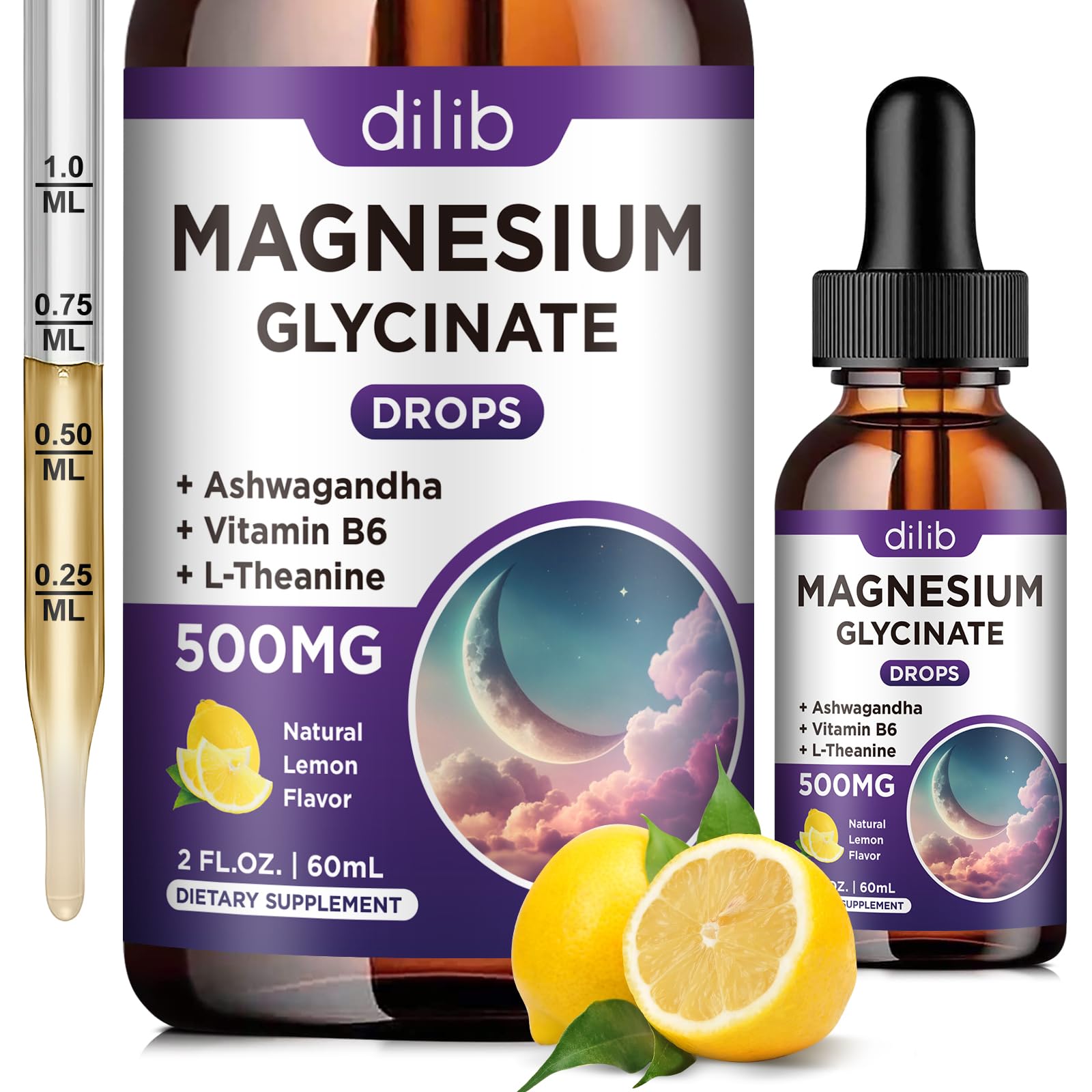 Magnesium Glycinate Supplement, Magnesium Liquid Drops with Magnesium Glycinate 500mg Vitamin B6, Ashwagandha, L - Theanine, Chamomile -Support Stress Relief, Bone, Muscle, Mood Vegan