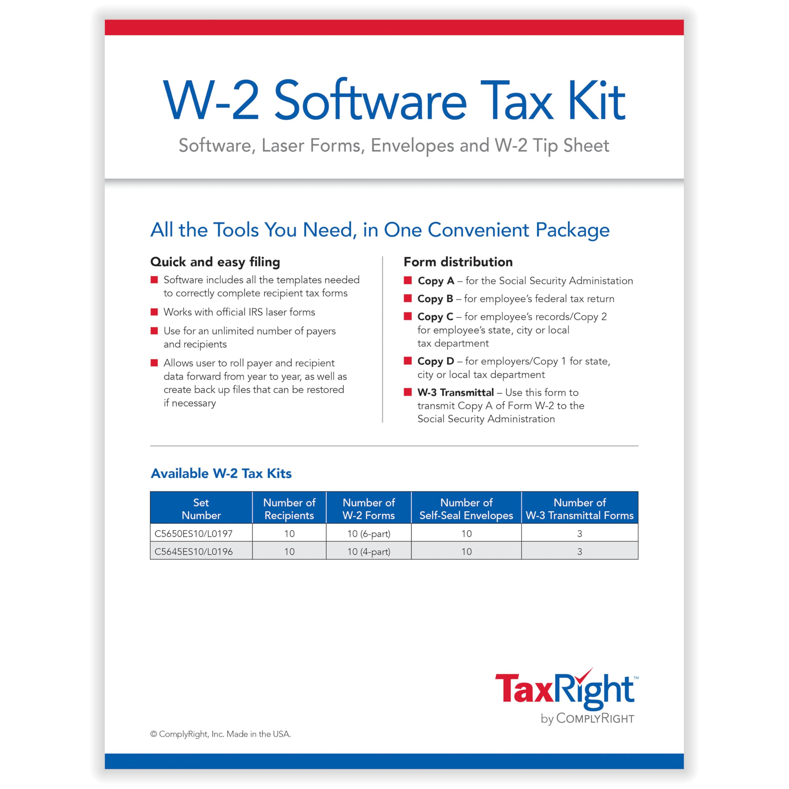 ComplyRight 2024 TaxRight W-2 Tax Kit (6-Part) | 10 Employees |Self-Seal Envelopes | Software