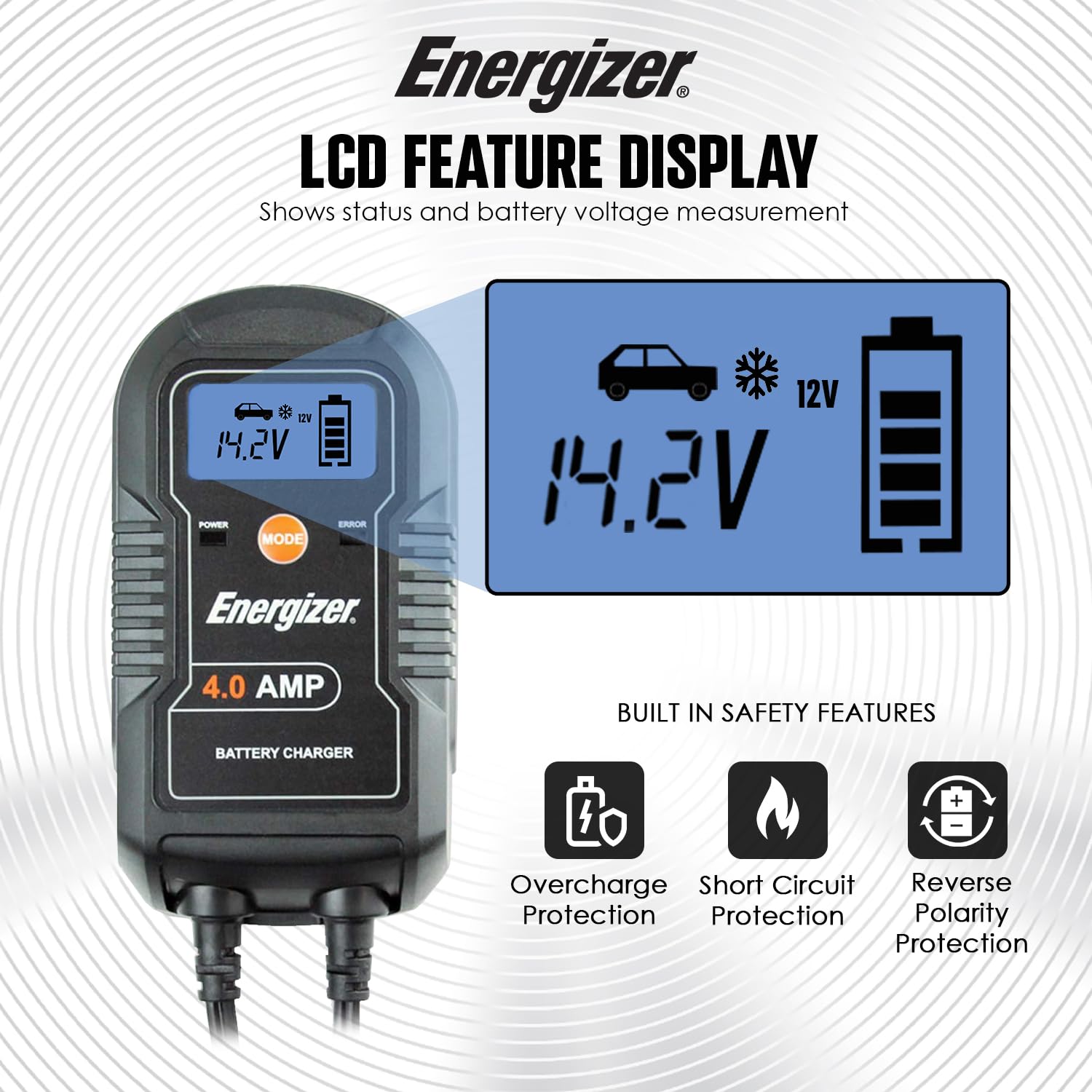 ENERGIZER 4-Amp 6V/12V Auto Charger, 9-Step Smart Battery Maintainer, Trickle Charger w/ LCD Display