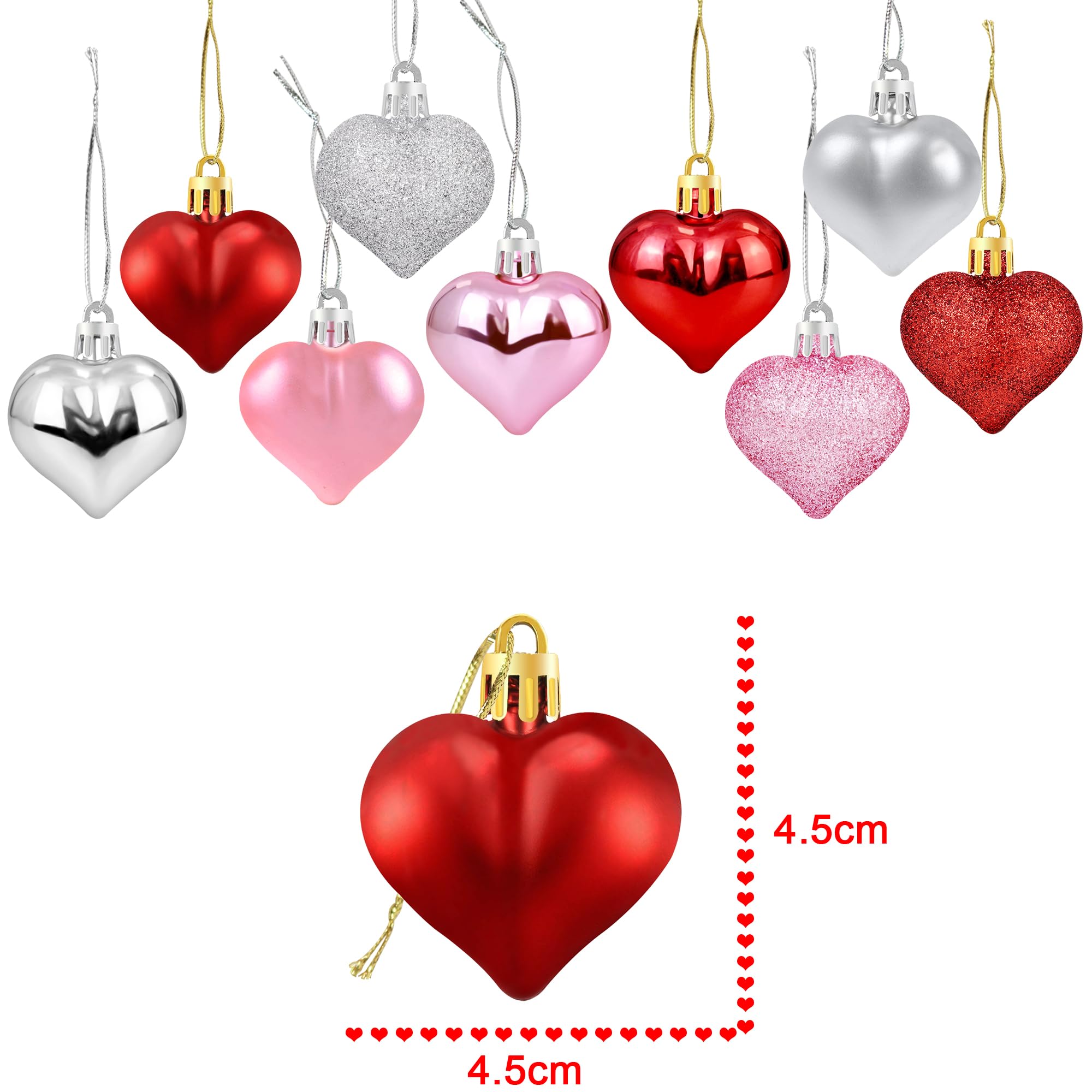 36Pcs Valentine's Day Heart Shaped Ornaments | Valentines Heart Decorations | Red Pink Silver Glitter Heart Shaped Baubles | Romantic Christmas Valentine's Day Tree Hanging Decorations