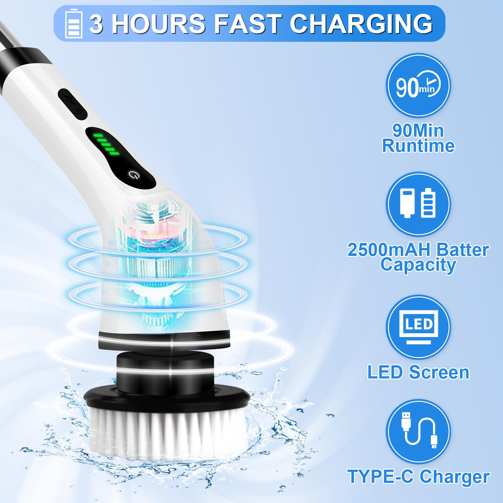 Electric Spin Scrubber, Cordless Cleaning Brush, 9 Replacement Head, Shower Cleaning Brush with Extension Arm for Bathroom, Tub, Tile, Floor