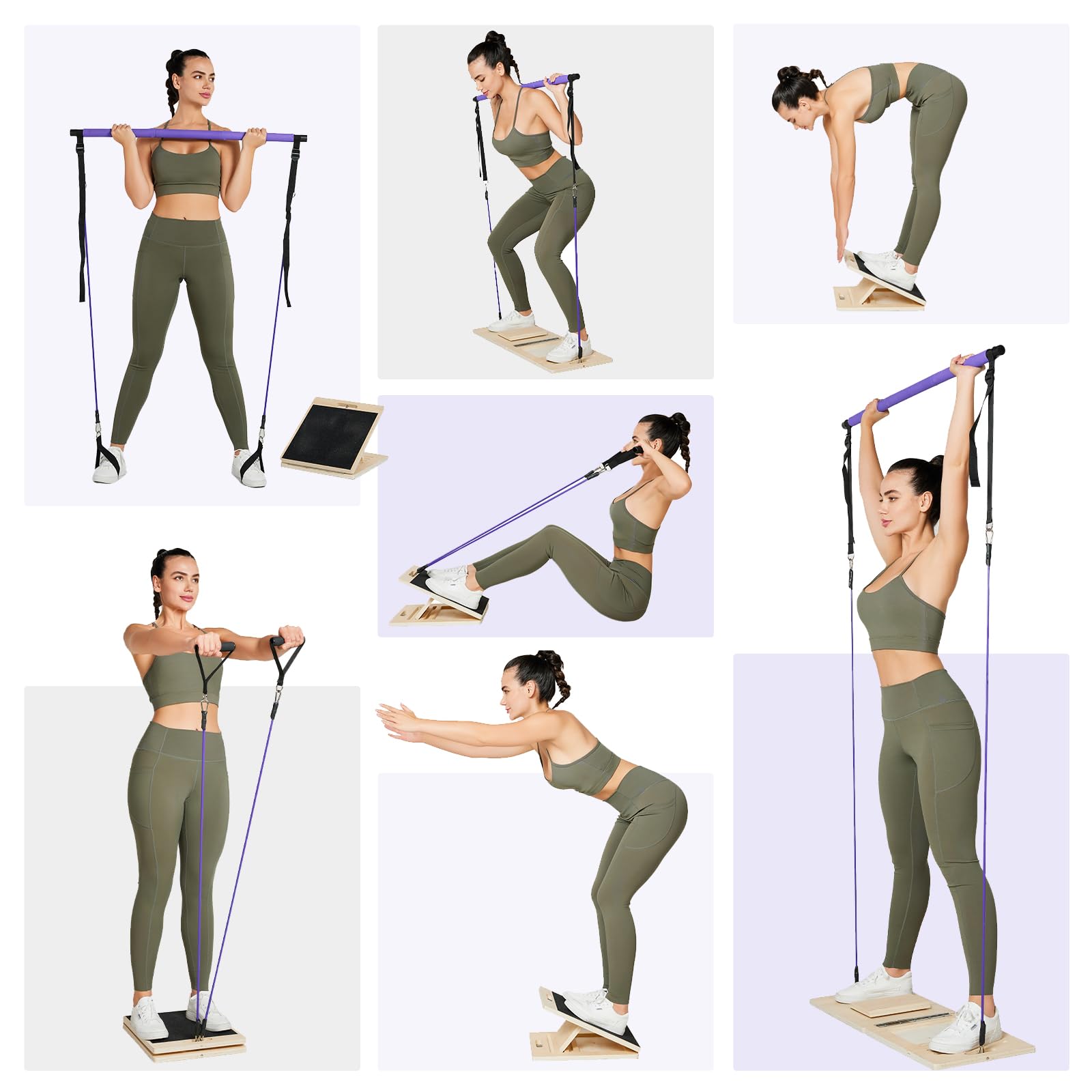 Professional Wooden Slant Board, Adjustable Incline Board and Calf Stretcher, Stretch Board,Multifunctional Yoga Pilates Bar Kit with Adjustment Buckle and Resistance Bands,Home Gym Resistance Bar Kit