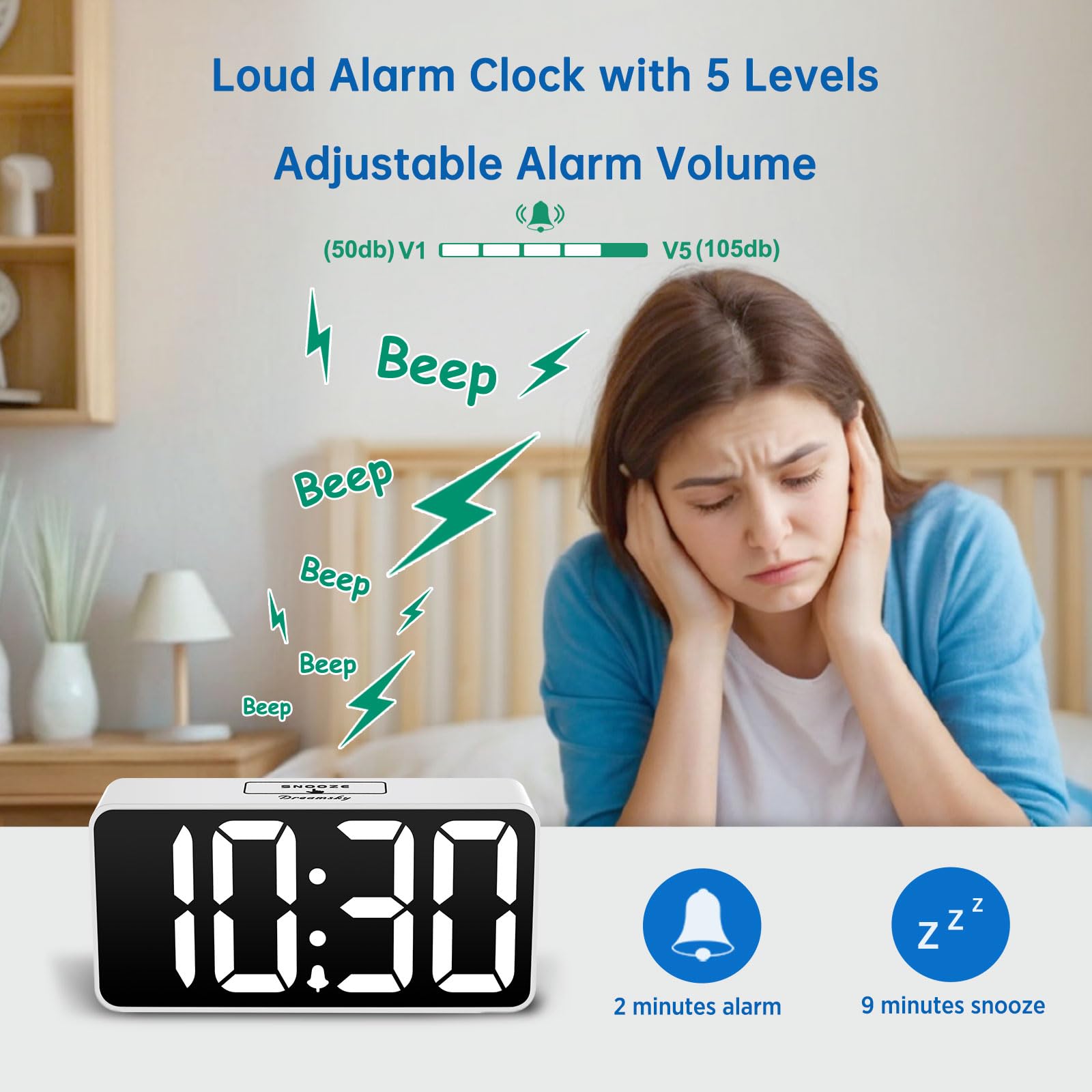 DreamSky Super Loud Alarm Clock for Heavy Sleepers - RGB Small Digital Clock for Kids Bedroom Bedside Nightstand, Electric Desk Clock with Large Numbers, Dimmer, Adjustable Volume, USB Port, Snooze