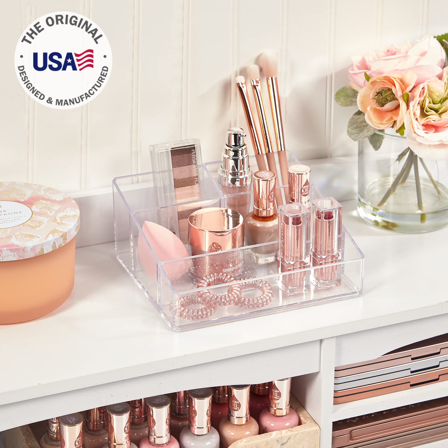 STORi Clear Plastic Vanity Makeup Organizer | Compact Rectangular 4-Compartment Holder for Brushes, Eyeshadow Palettes, & Beauty Supplies | Made in USA