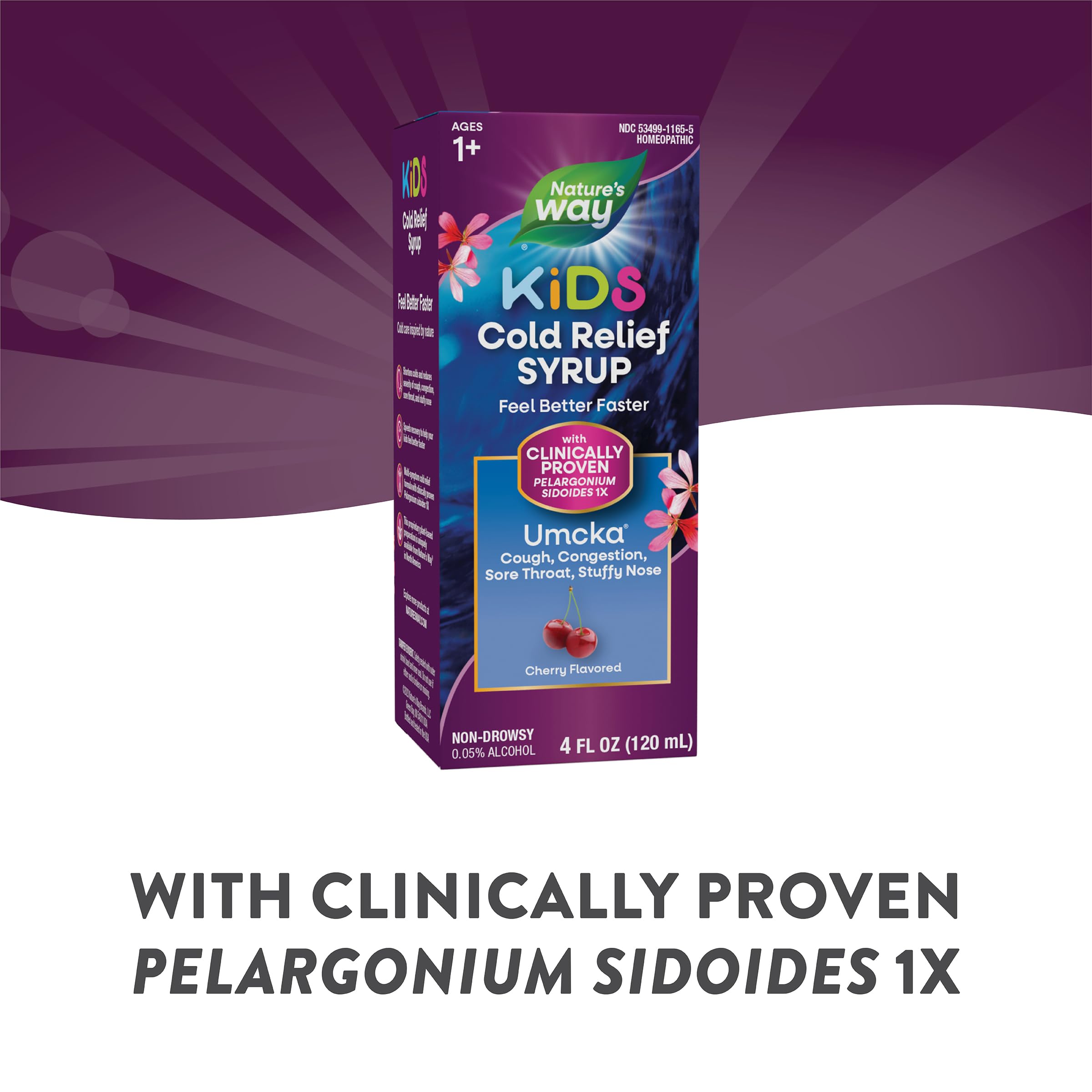 Nature's Way Cold Relief Syrup for Kids 1+, Umcka, Shortens Duration & Reduces Severity, Multi-Symptom Cold Relief, Homeopathic, Phenylephrine Free, Cherry Flavored, 4 Fl Oz (Packaging May Vary)