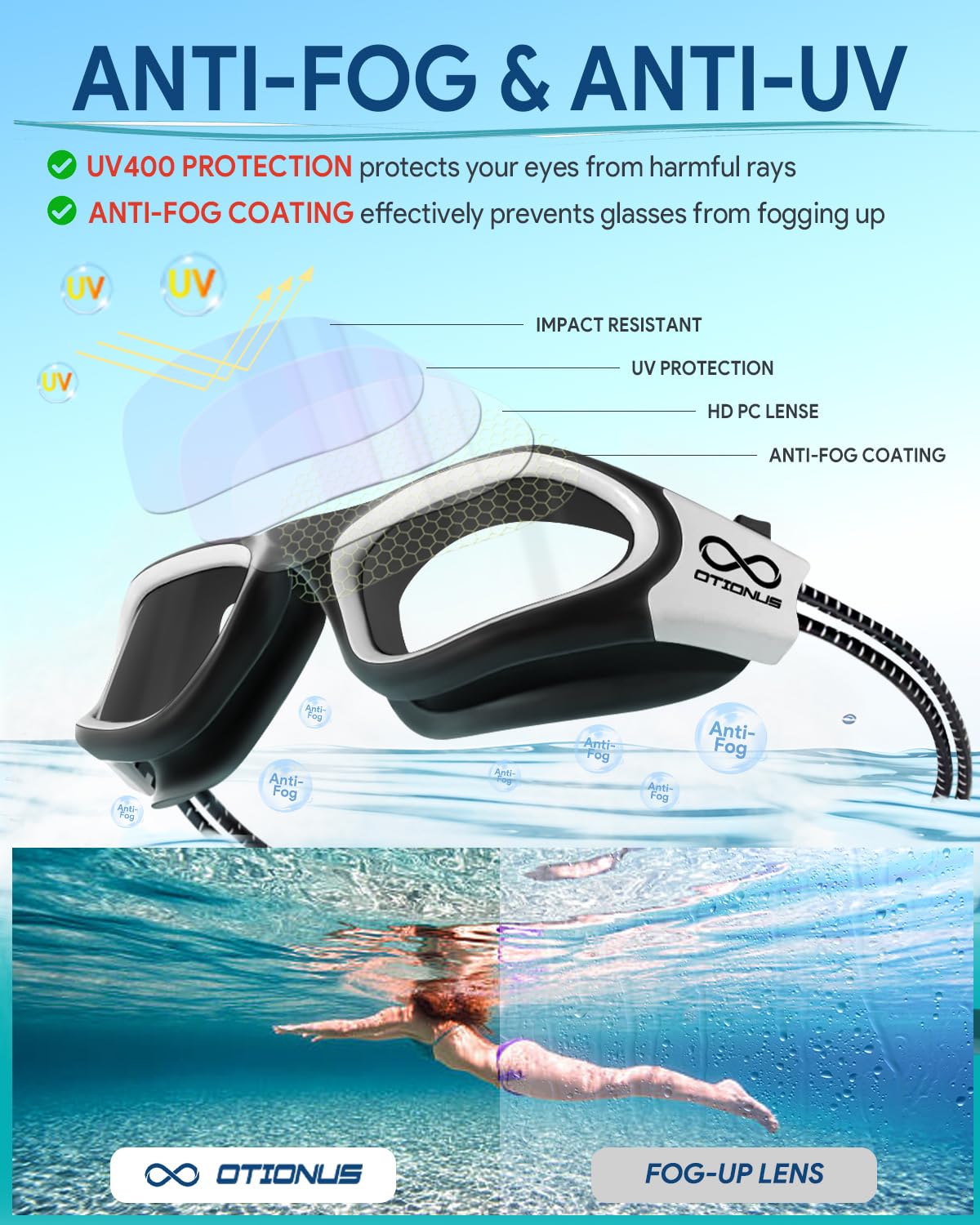 Otionus Swim Goggles for Adult Men Women Youth, Bungee Strap Swimming Goggles No Hair Pulling Anti Fog No Leak Pool Goggles