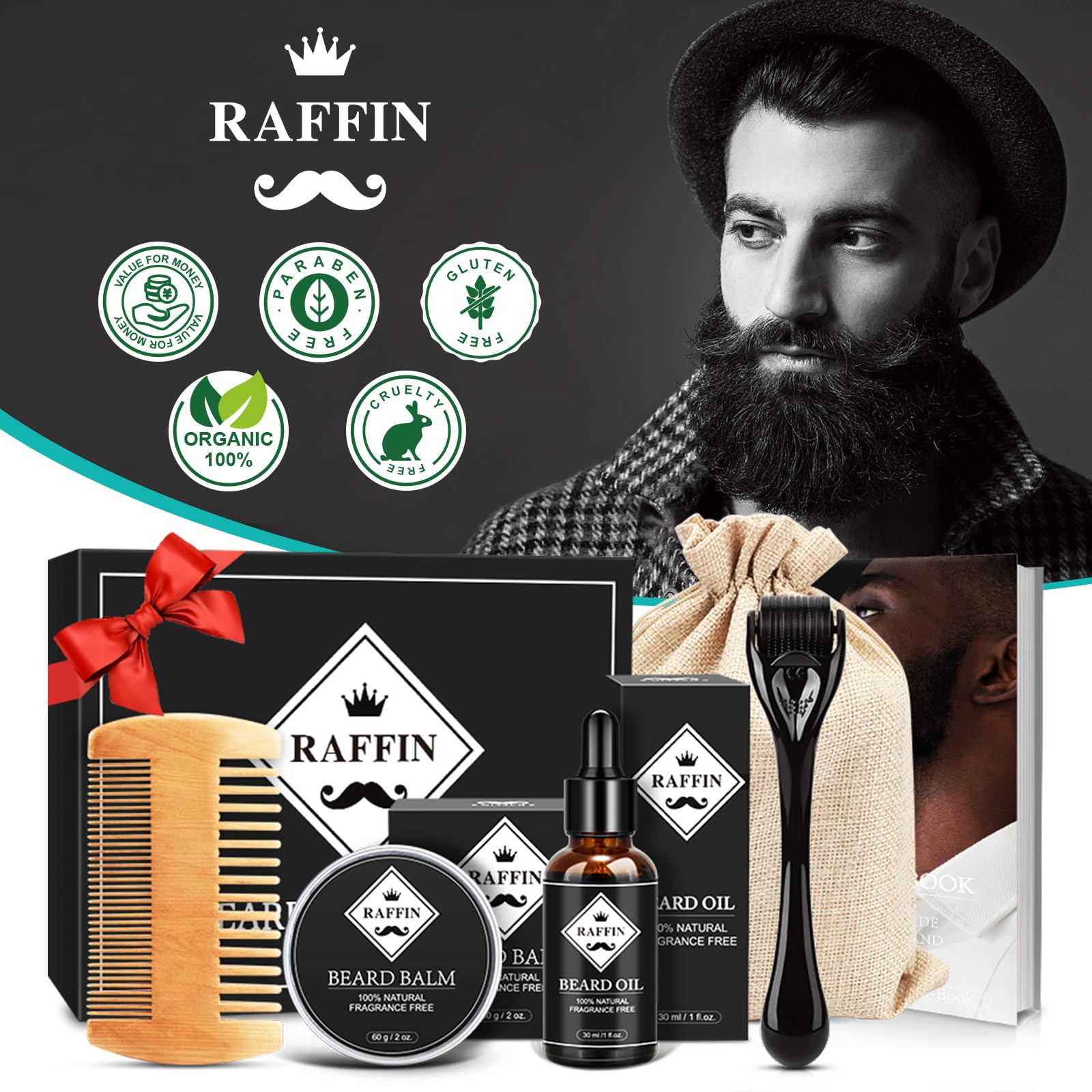 RAFFIN Beard Growth Kit for Men with Beard Growth Oil, Balm, Comb, Massager for Spot/Patchy Facial Hair, Achieve Fuller, Thicker & Healthier Beards, Gifts for Him Boyfriend Husband Dad