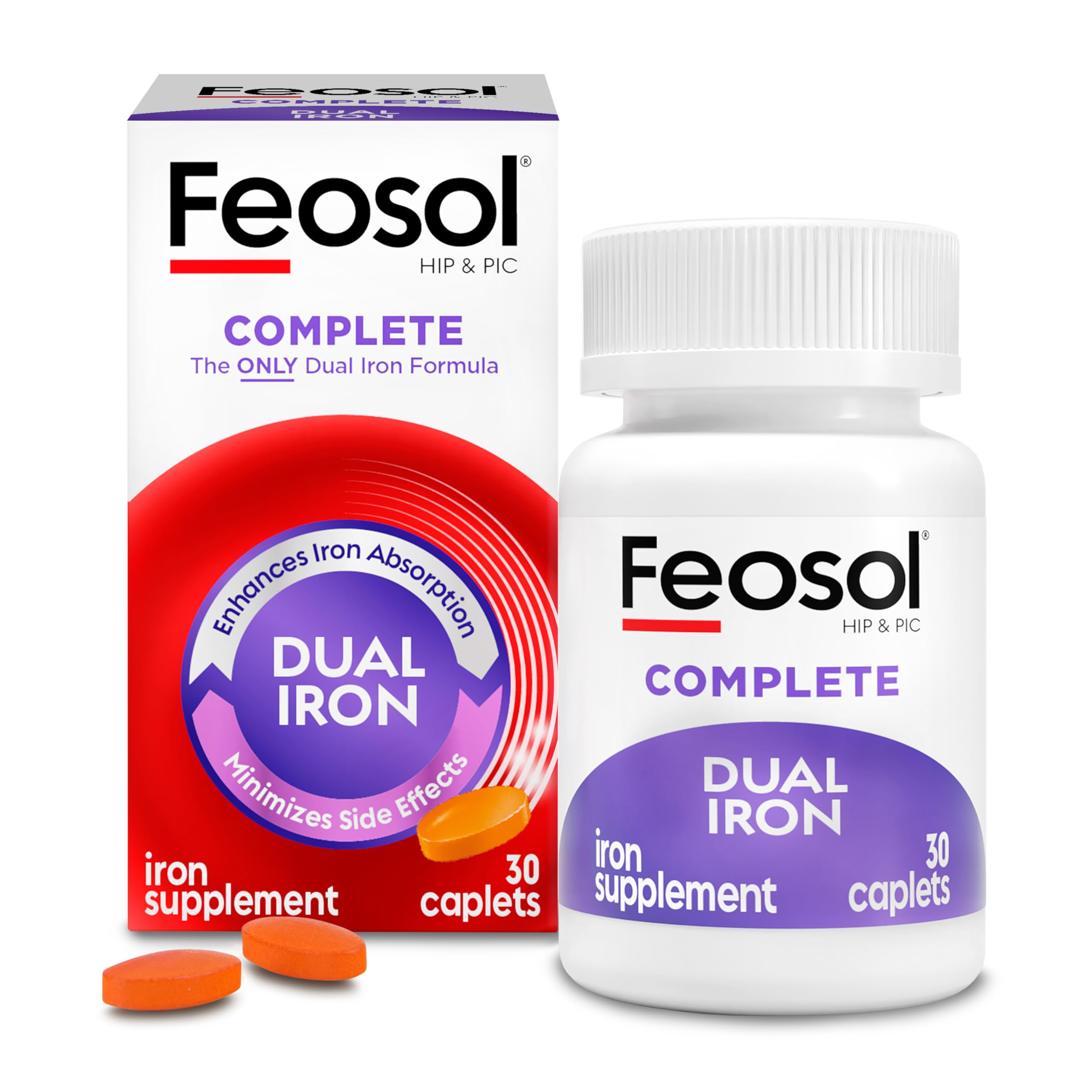 Feosol Complete Iron Supplement Caplets, Bifera Iron for High Absorption, Heme and Non-Heme Dual Action Minimizes Side Effects, 1 Per Day, for Energy and Immune System Support, Made in USA, 30 Count