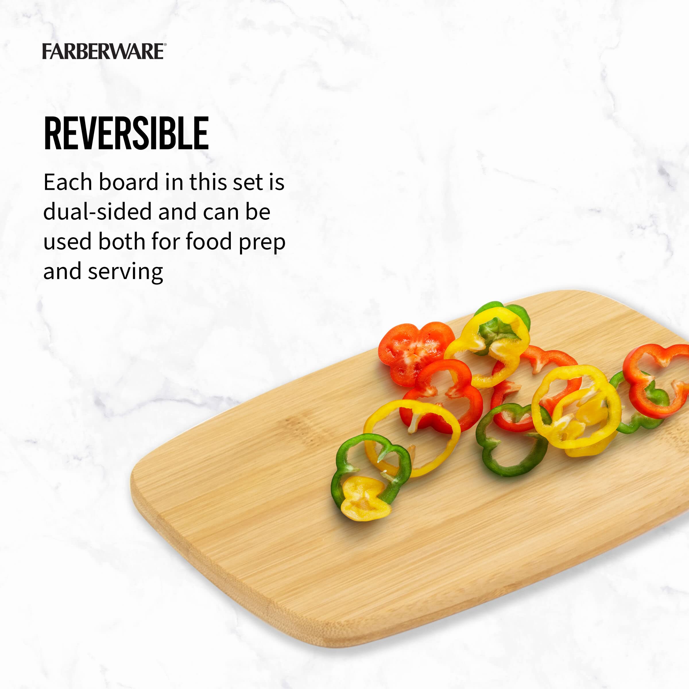 Farberware 4-Piece Kitchen Reversible Chopping Boards for Meal Prep and Serving, Charcuterie Board Set, Wood Cutting Boards, Assorted Sizes, Bamboo